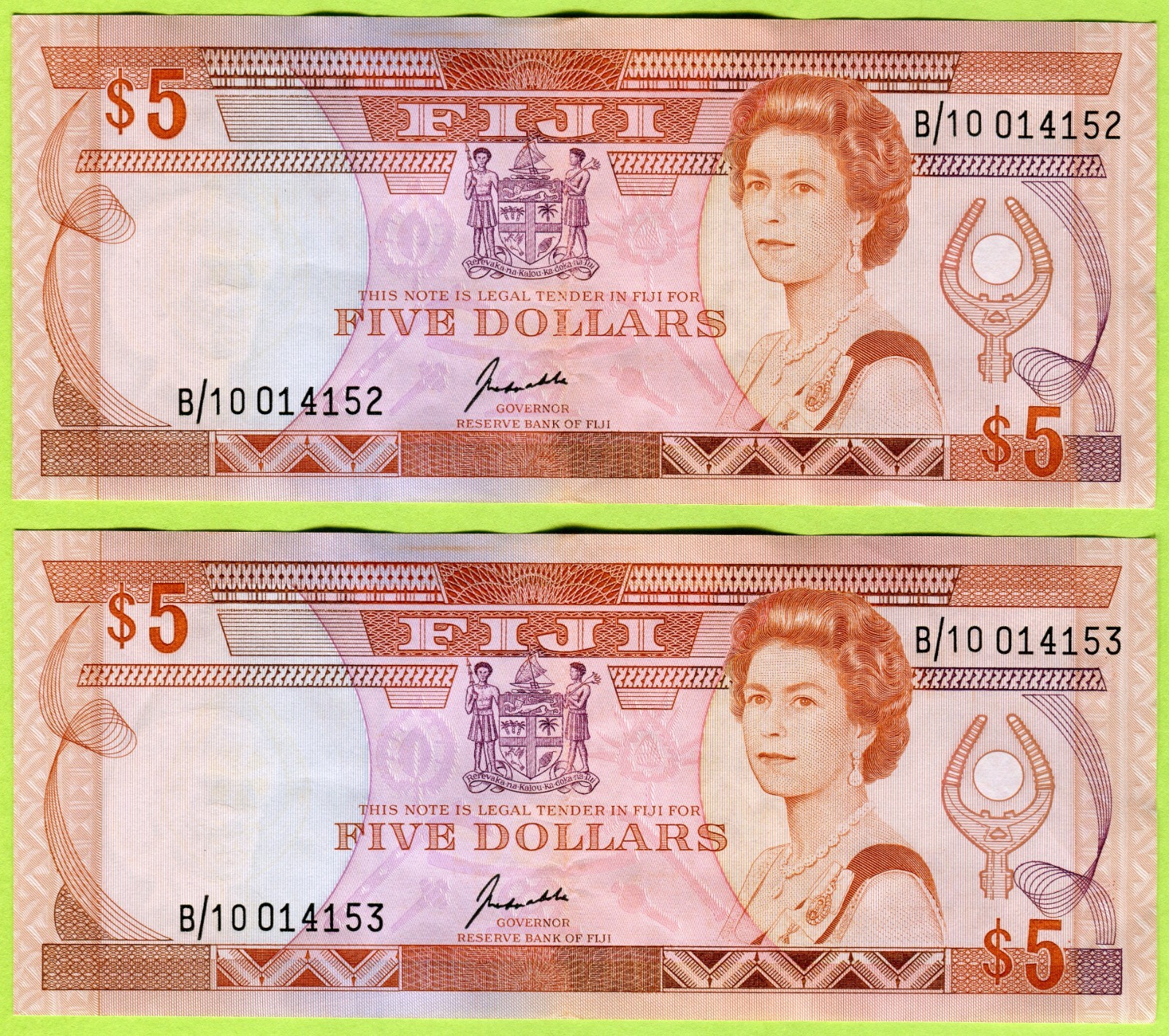 Fiji 5 Dollars ND(1991) P91 EF++ #014152-53 Pair x2