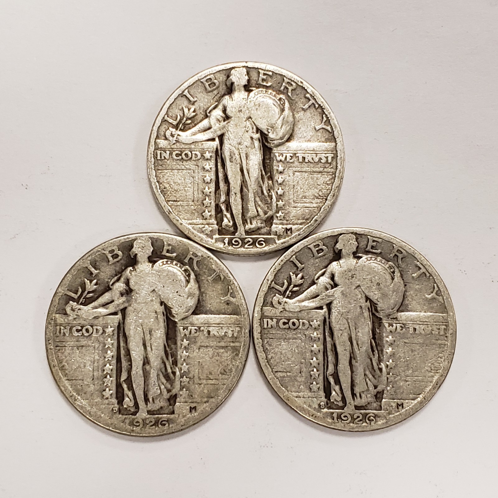 3-Coin 1926 P D S 25c Standing Liberty Quarter - Mint Mark Set - .54 ASW - U1037