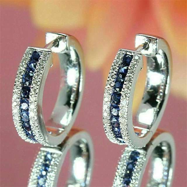 2 Ct 925 Sterling Silver Round Cut Lab Created Blue Sapphire Hoop Earrings
