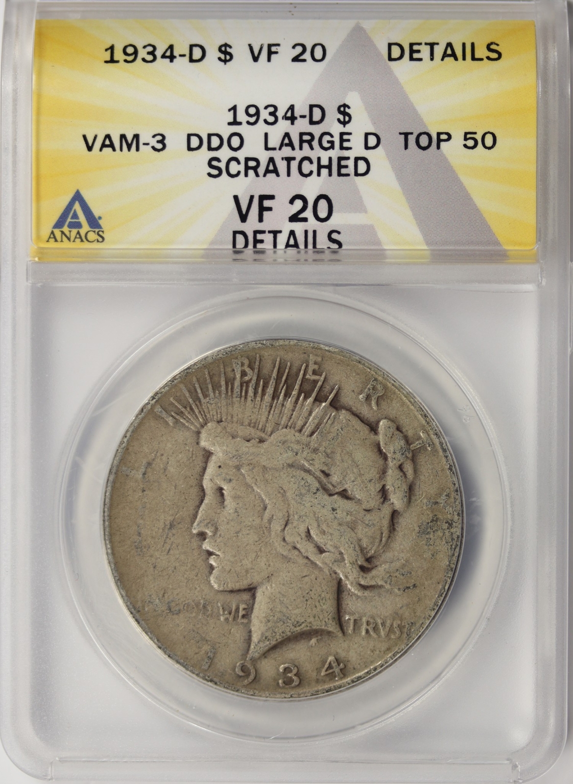 1934-D Vam-3 Large D Top 50 Peace Silver Dollar $1 ANACS VF20 Details Scratched