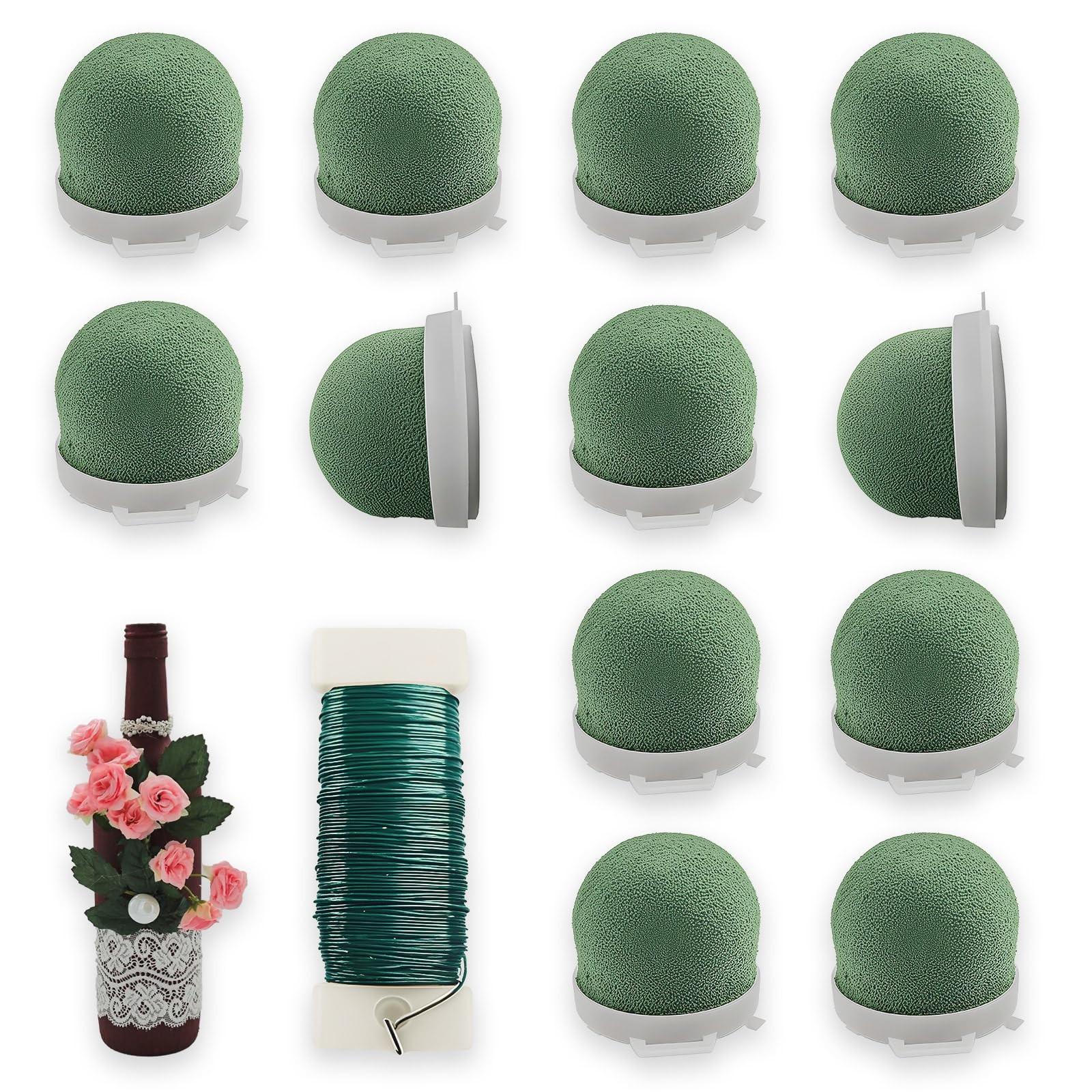 12 Pcs Mini Floral Foam Holder Floral Foam Round with 1 Roll Green Floral Wir...