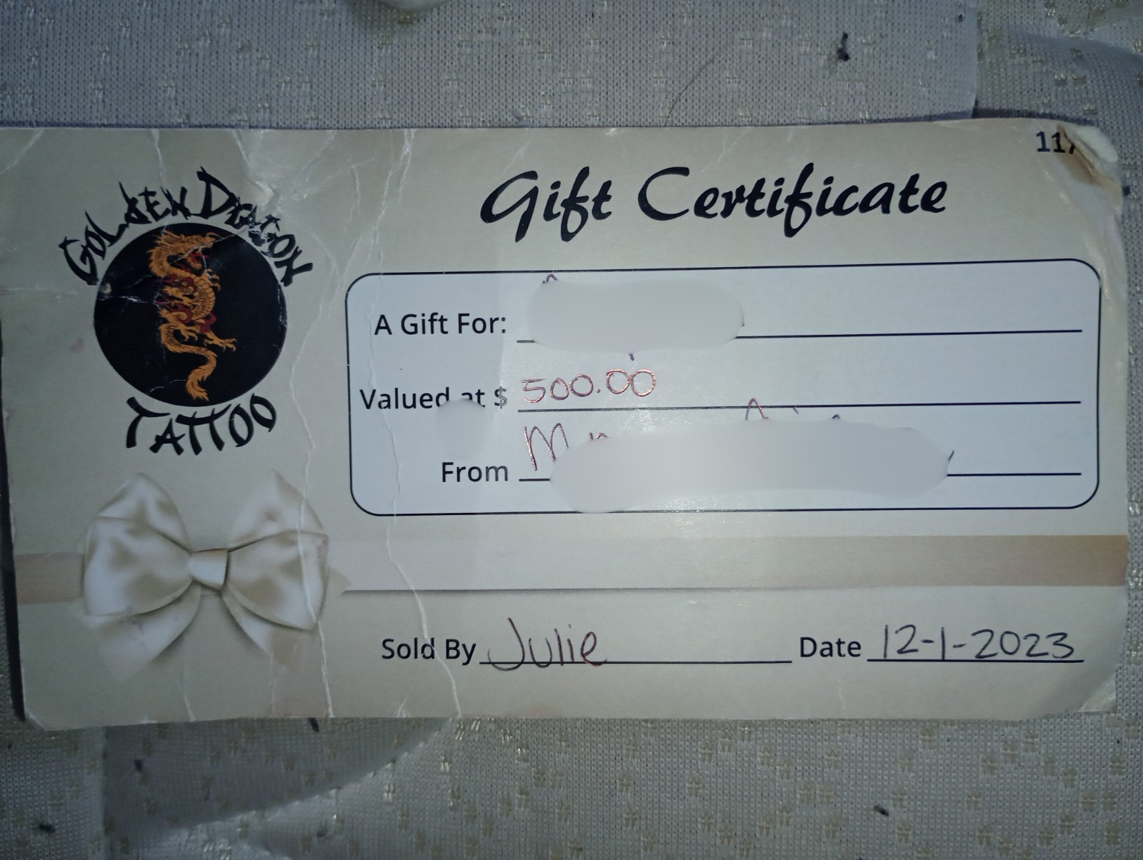 Golden Dragon Tattoo $500 Gift Certificate North Dakota asking $250