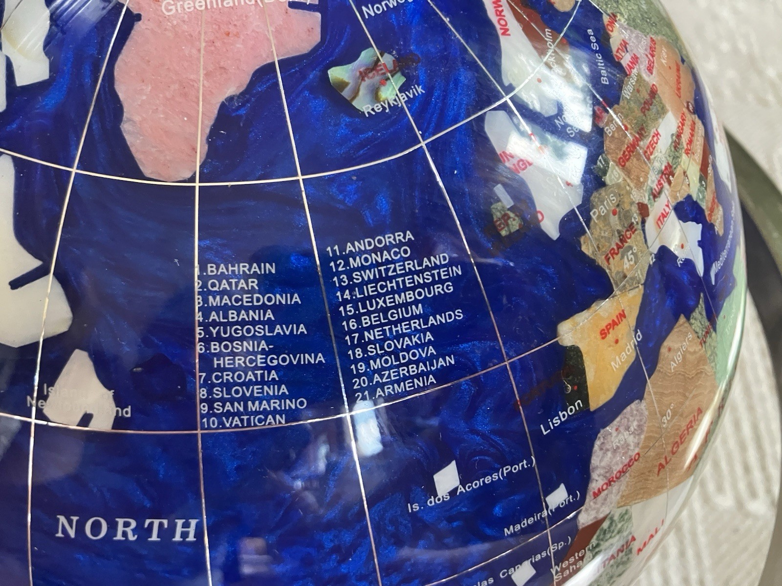 Blue Gemstone Tabletop World Globe w/ Rotating Silver Metal Base Compass