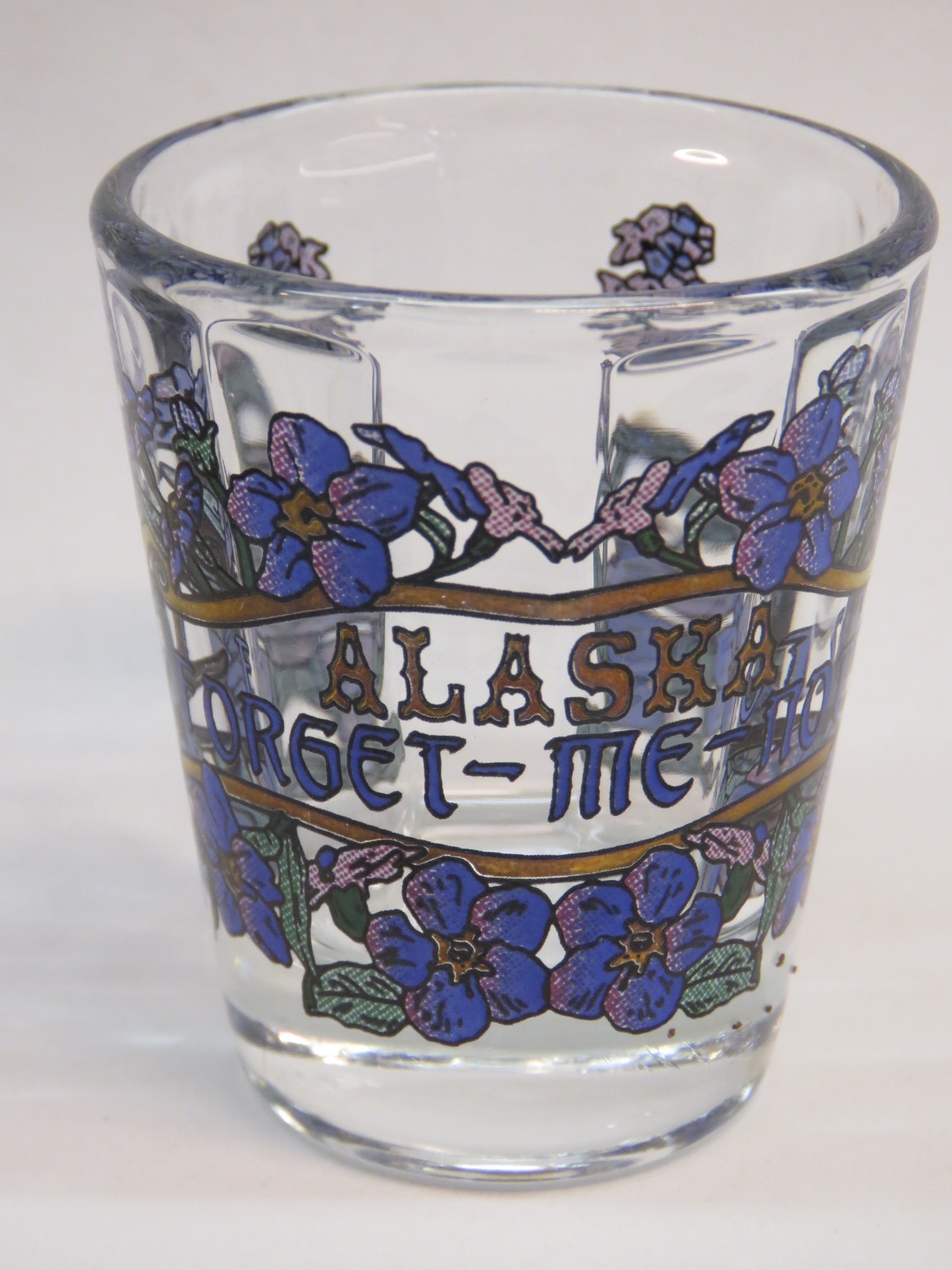 Beautiful Beveled SHOT Liquor GLASS ~ ALASKA State Flower: Forget-Me-Not