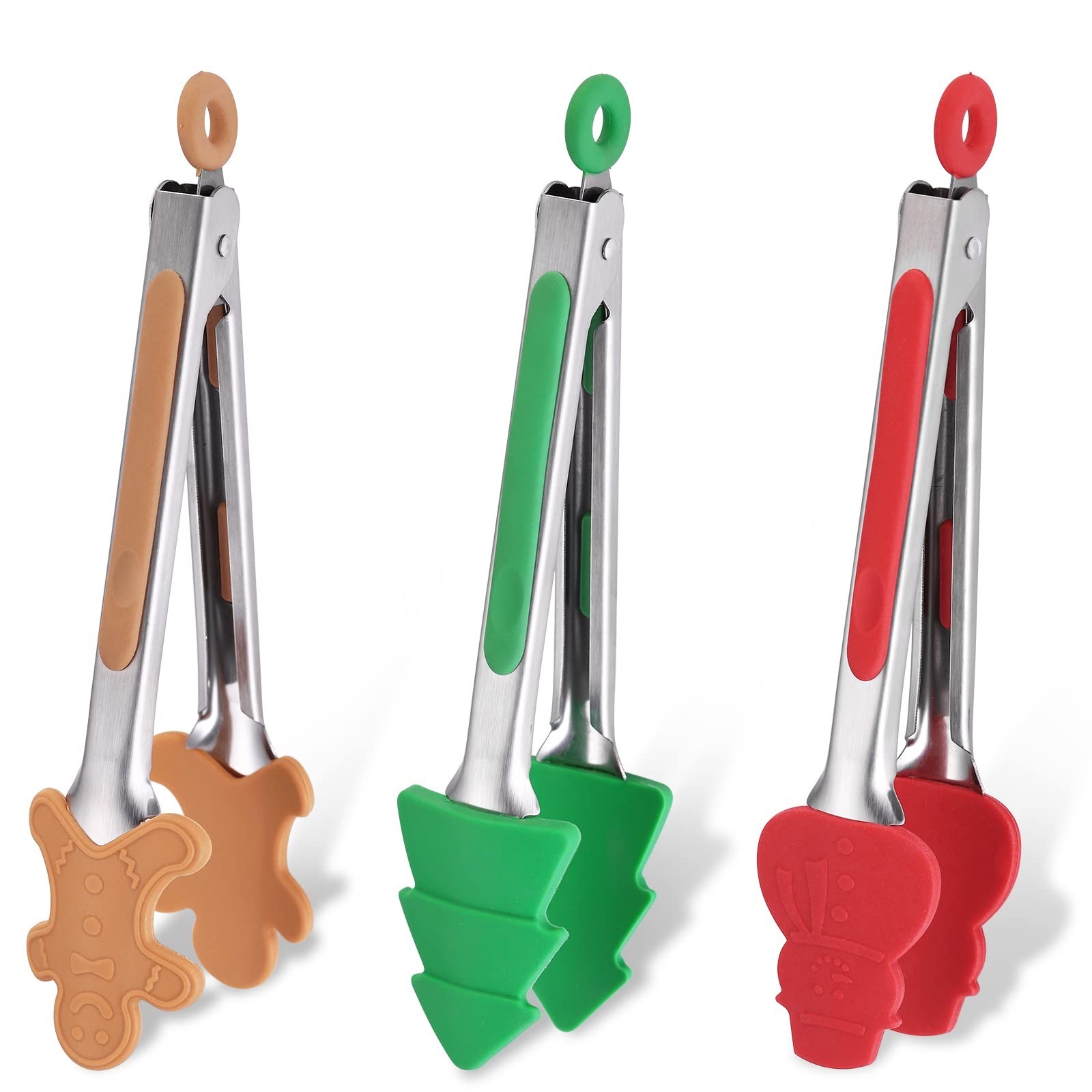 3-Piece Christmas Silicone Mini Tongs Set, 7-Inch Small Style Tongs for Cooki...