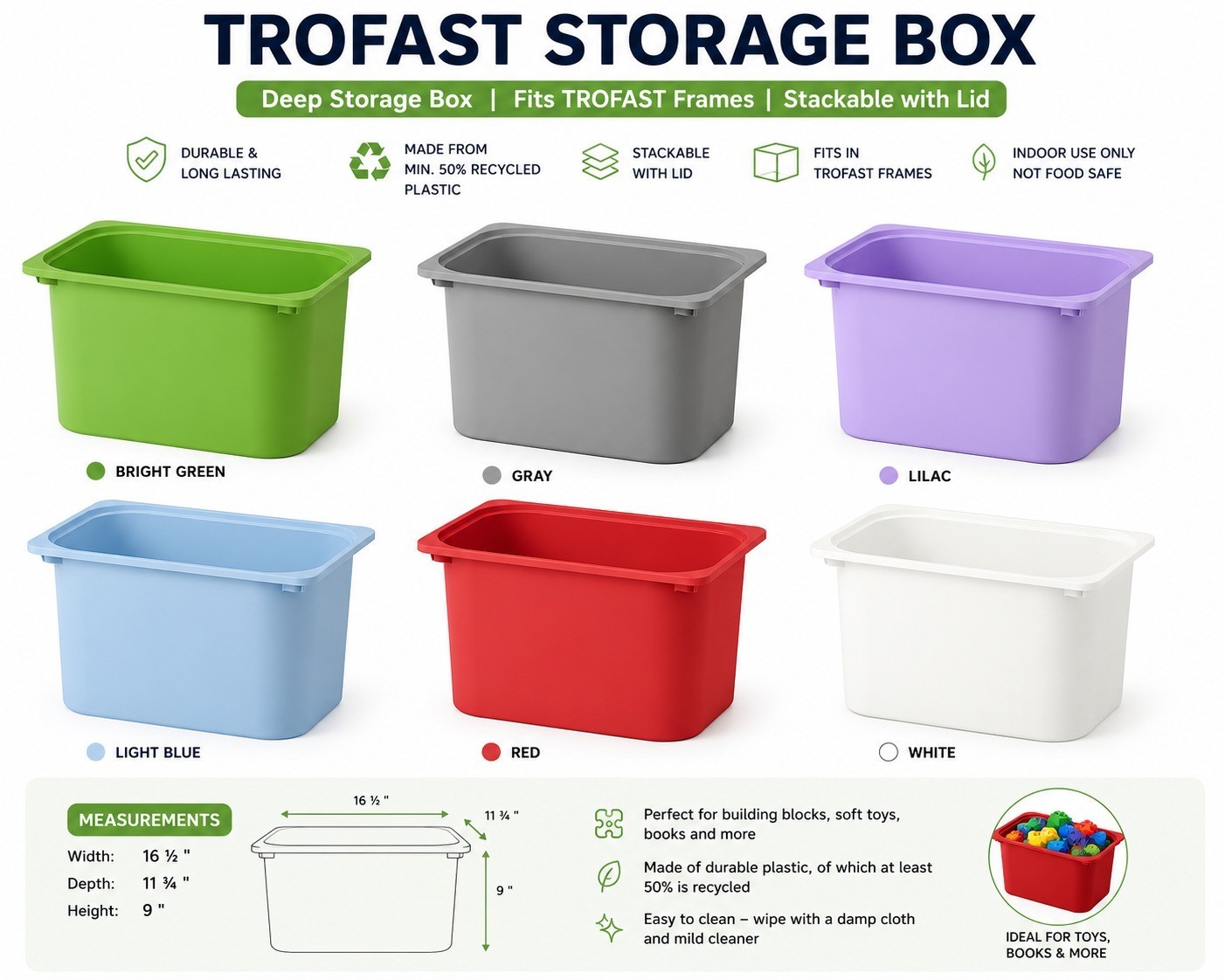 IKEA TROFAST Deep Storage Box Plastic Bin 16.5x11.75x9" Toy Organizer Multicolor