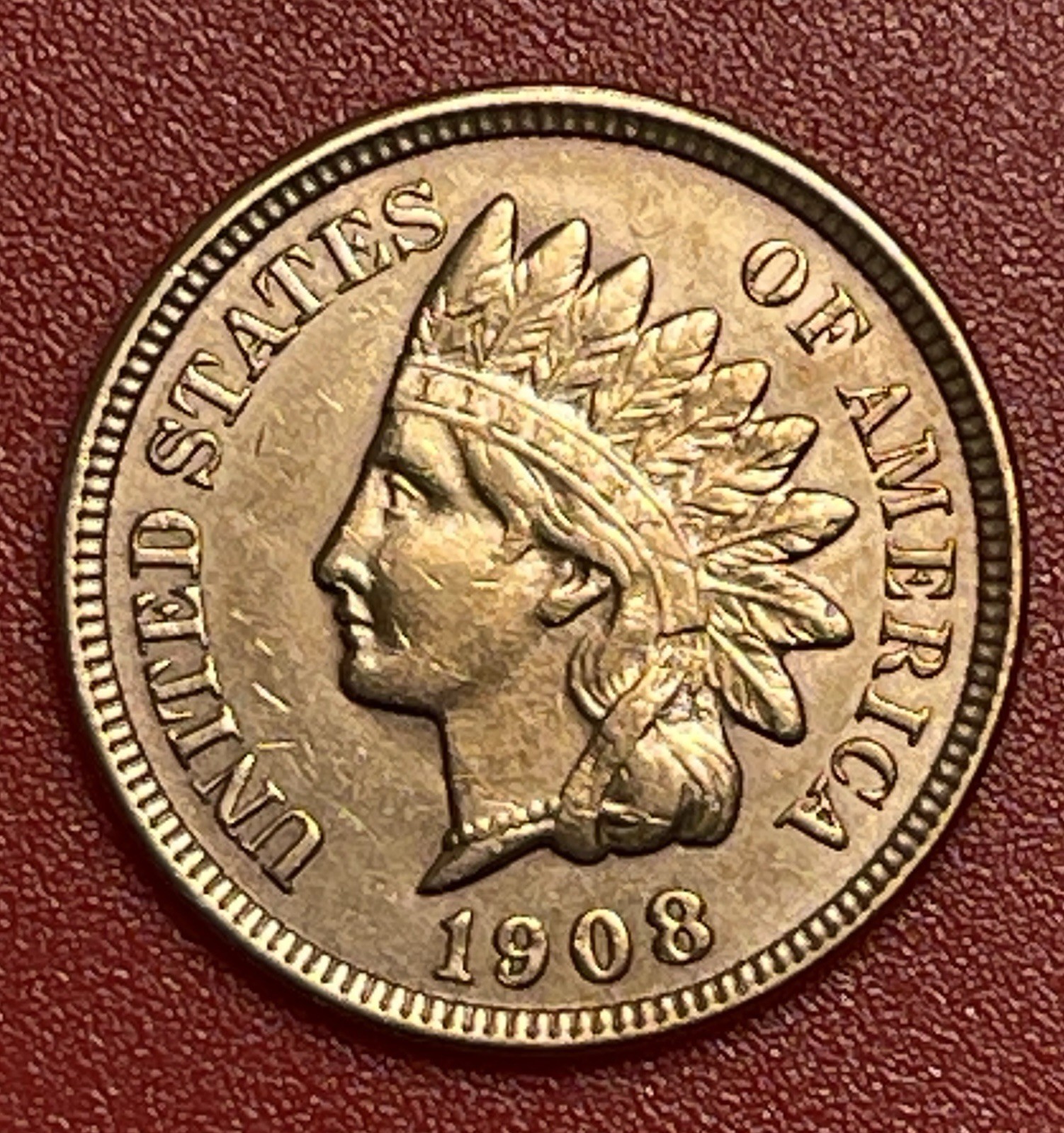 1908 P Indian Head Cent,  Red,  Choice Uncirculated, As Shown.