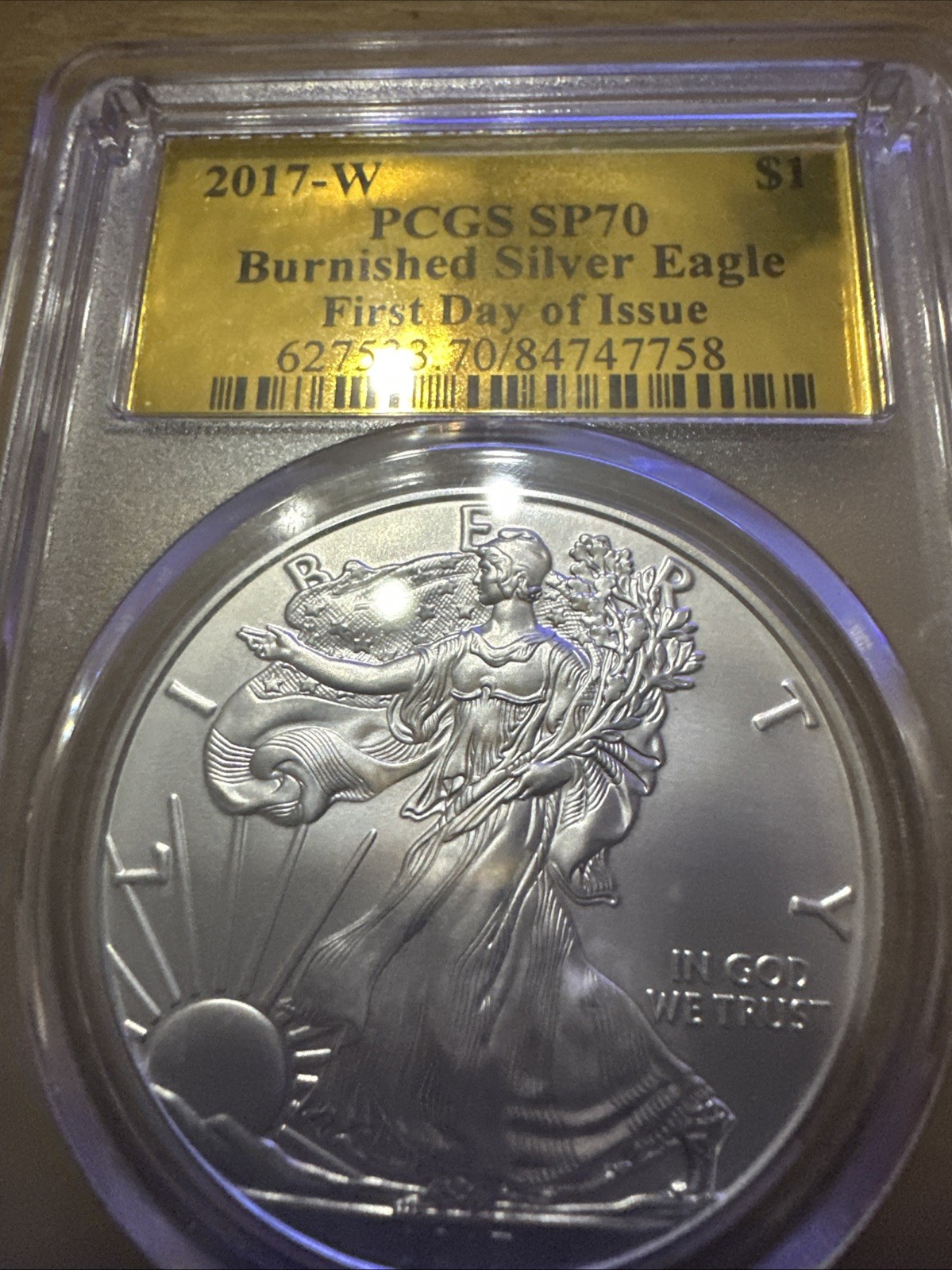 2016-W PCGS SP70 BURNISHED SILVER AMERICAN EAGLE GOLD FOIL LABEL FIRST DAY ISSUE
