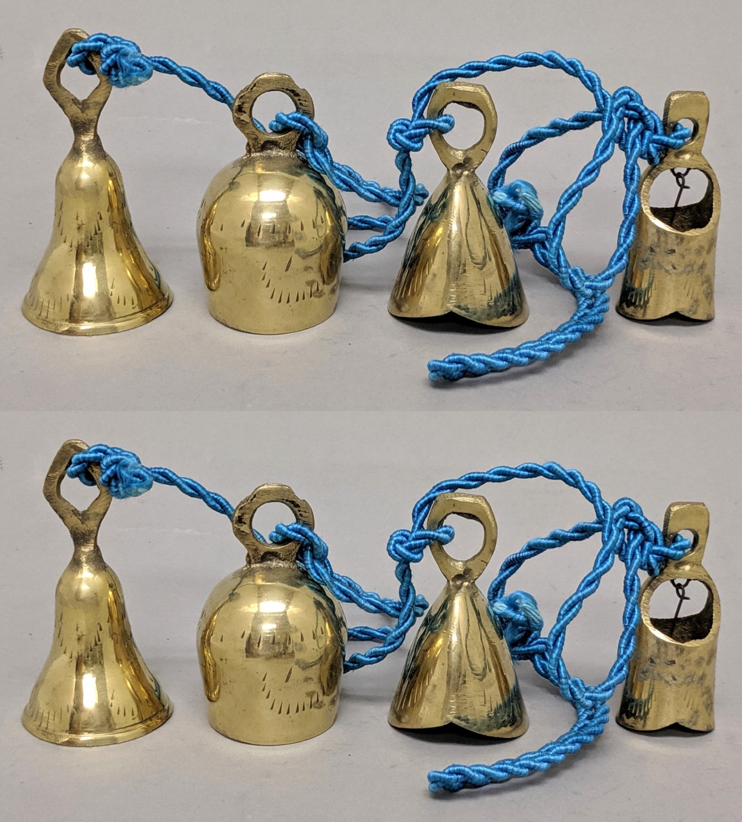 4 Assorted Brass Bells 1.5"-3.5"Hi Knotted on 36"Long COLOR String S/5 Strings