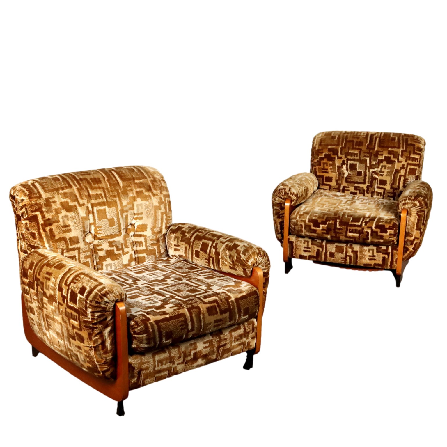 Vintage Beech Veneered Operated Velvet Armchairs 70s Original