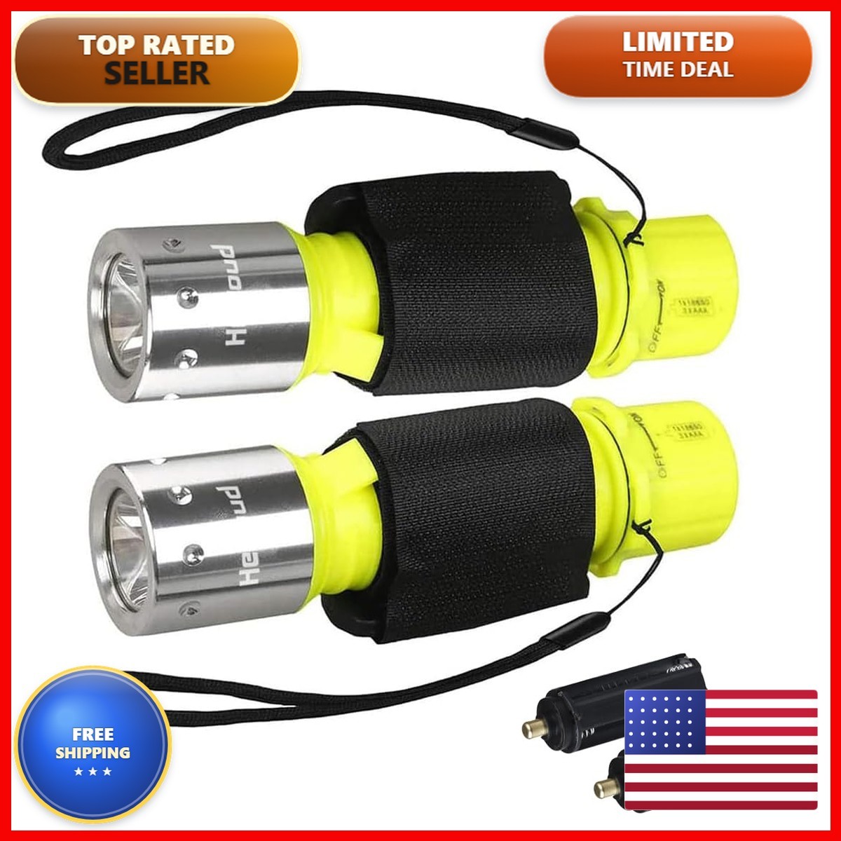 HECLOUD Diving Flashlight 2Pack FG1257Gx2 Rechargeable LED Dive Light
