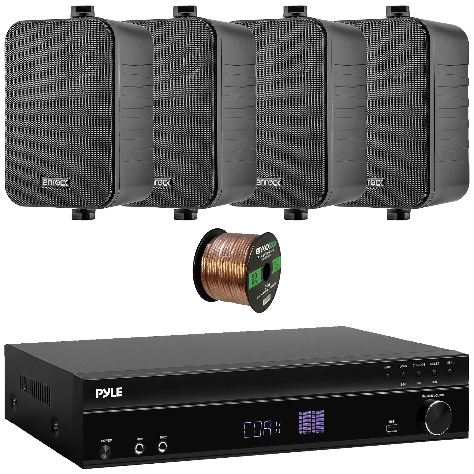 Pyle PT875BT 5.2CH Home Audio Receiver, 4x 4" 30W Black Speakers, Speaker Wire