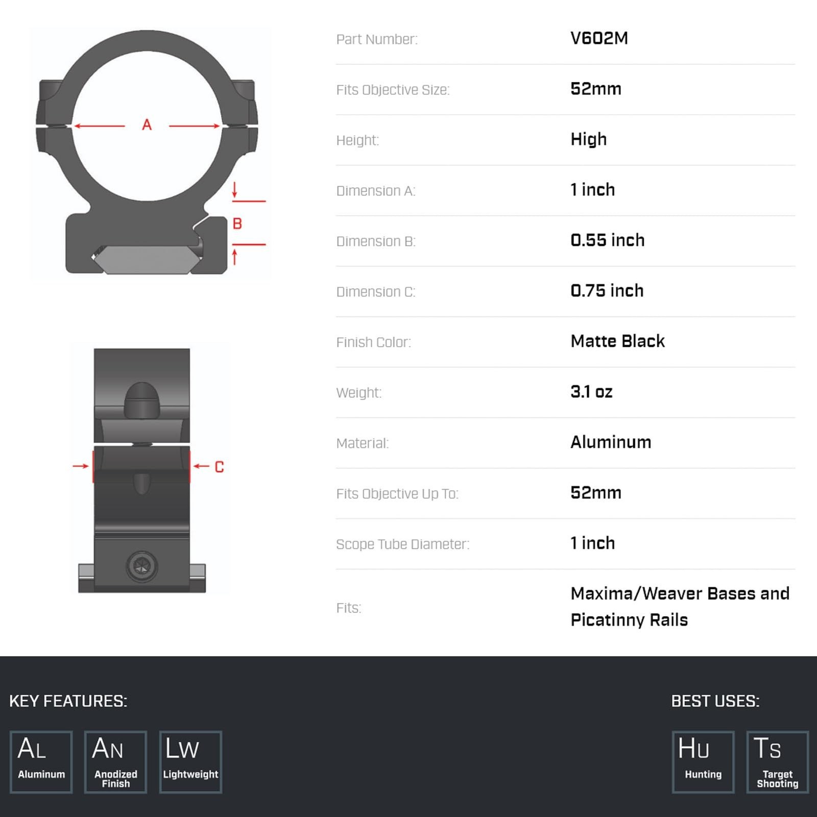 WARNESCOPE Rings 1 Inch High Matte Black