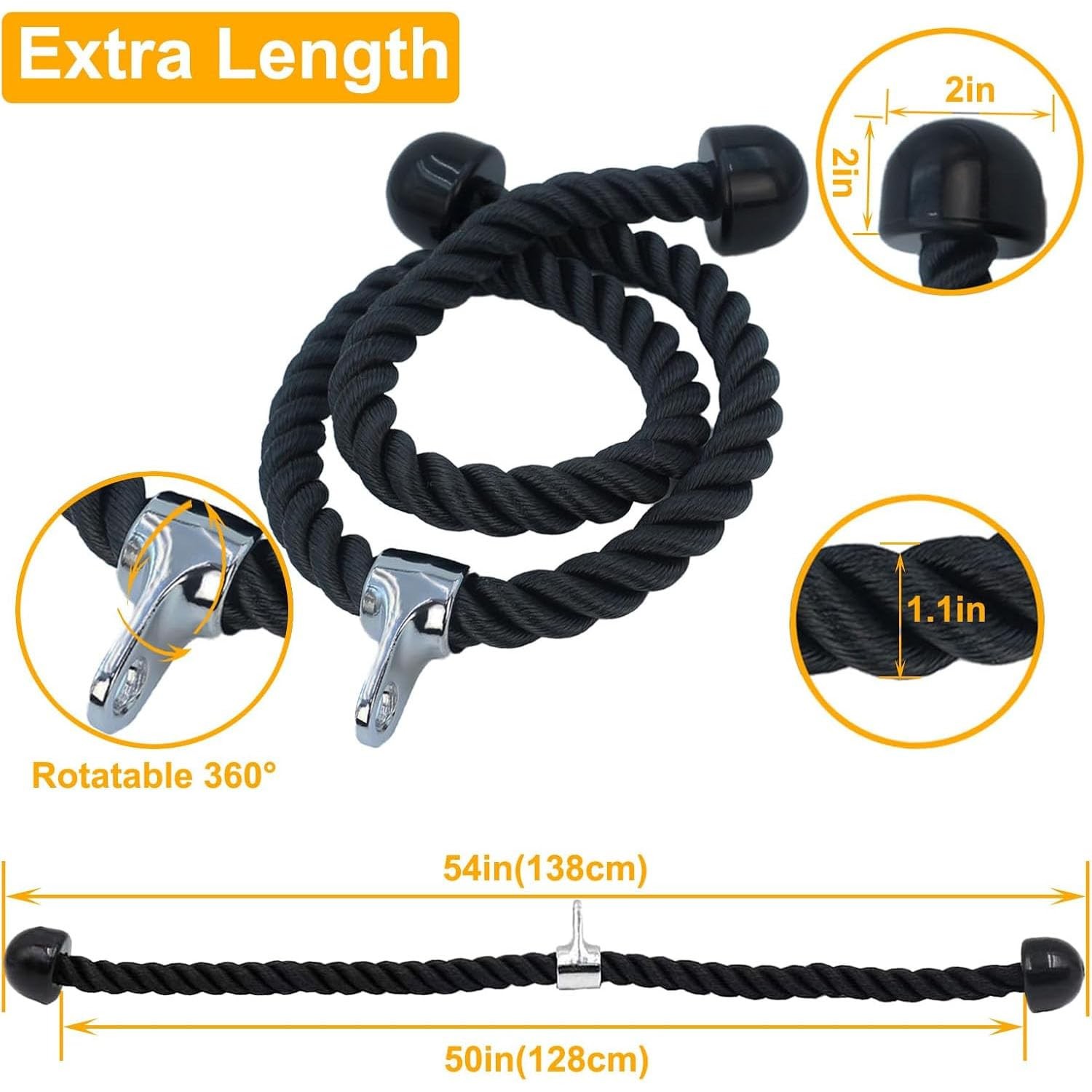 WKHOKI Double Length Tricep Pull Down Rope - 54 Inches Attachment for black