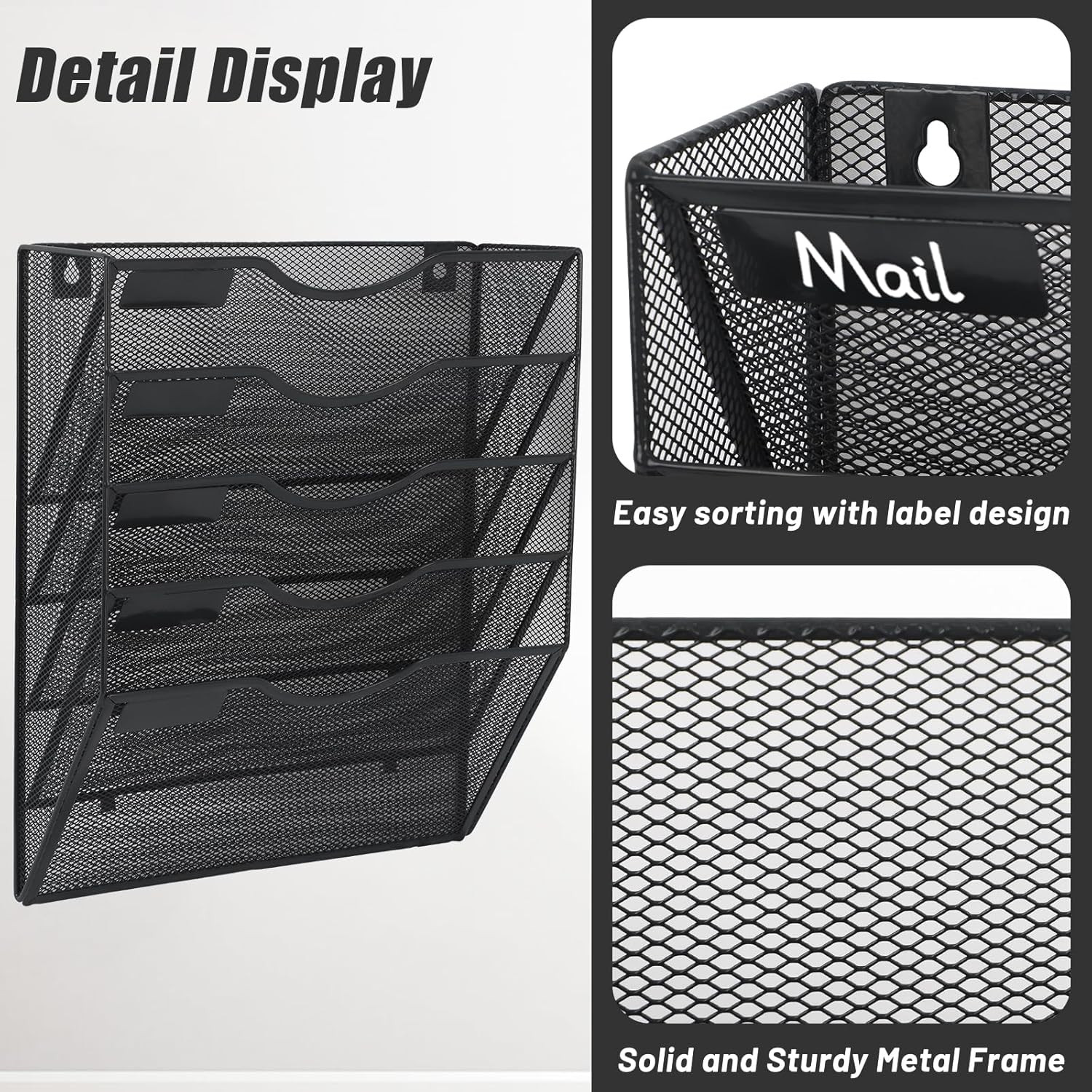5 Pocket Mesh Hanging Wall File Organizer, Wall Mounted Mail Paper Document Fold