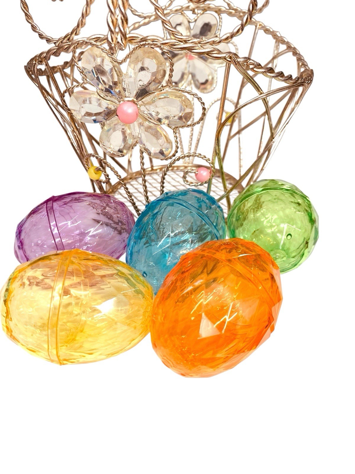 Wire Egg Basket With Handle Flowers Scroll 5 Colored Eggs Fillable 10 x 5.5 Inch