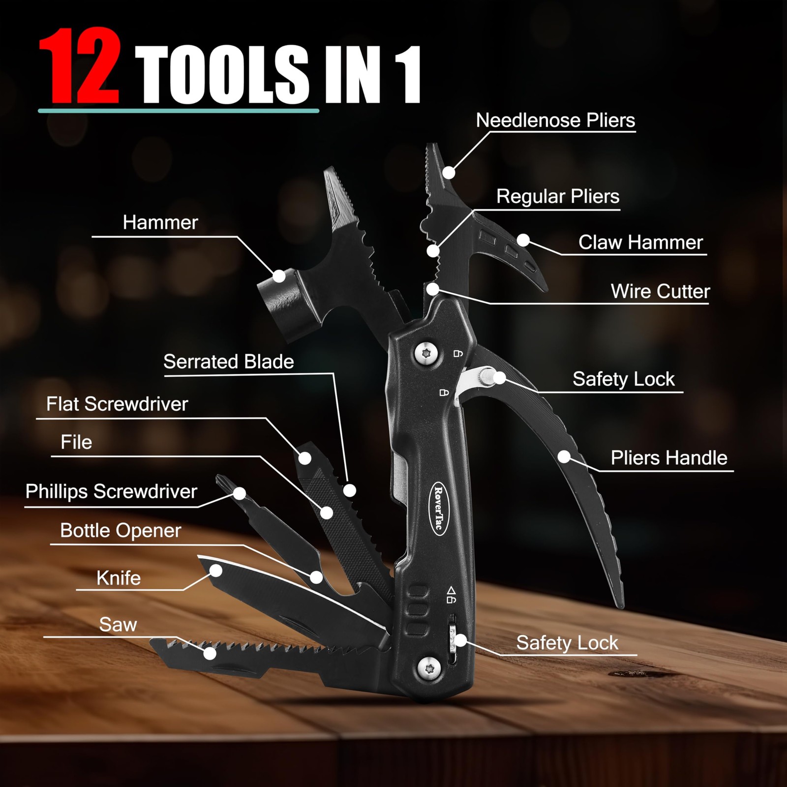 RoverTac Dad Tool Gift Set, 12-in-1 Multitool Hammer, Flashlight & Black