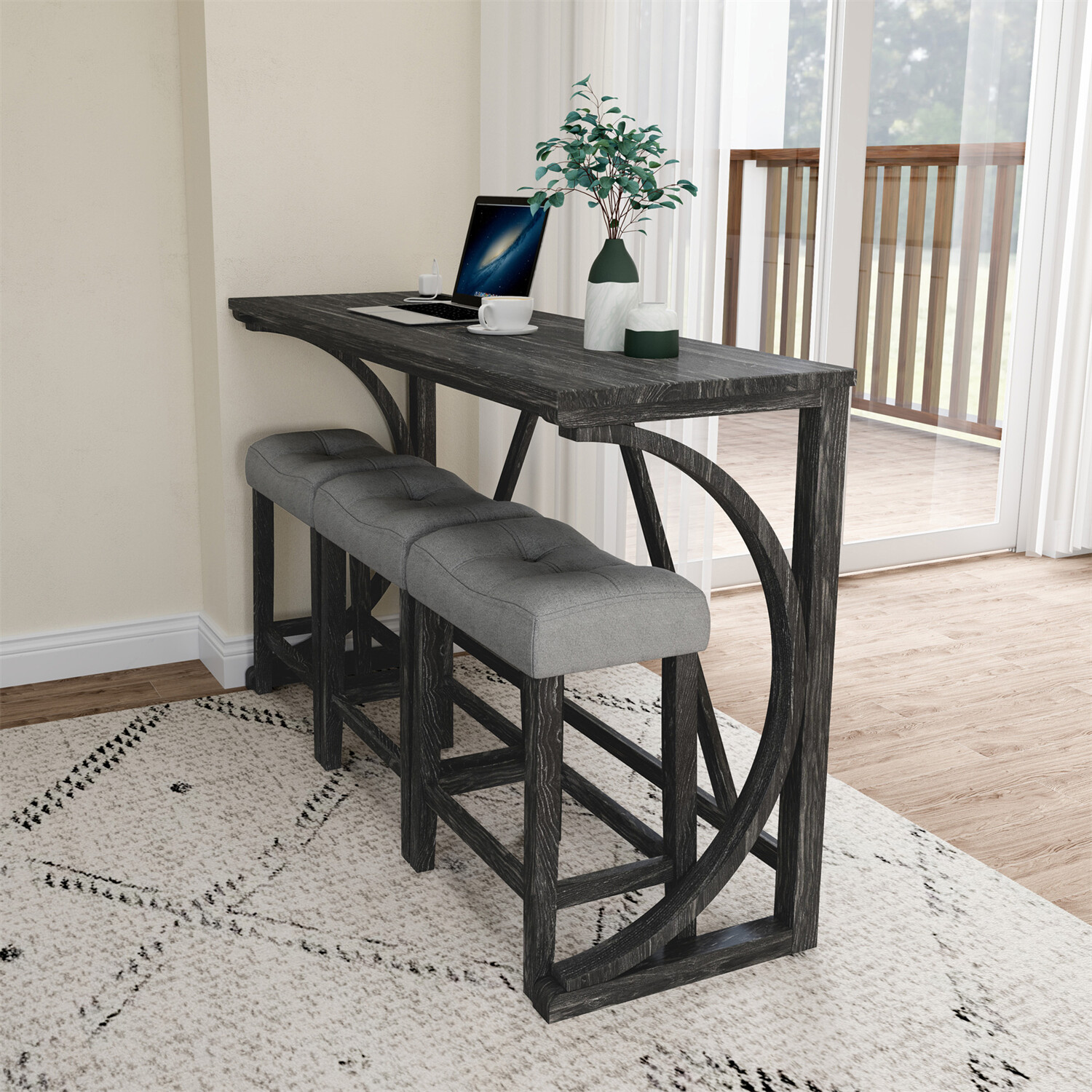 4 Piece Bar Table Set Counter Height Kitchen Dining Table w/ 3 Bar Stools