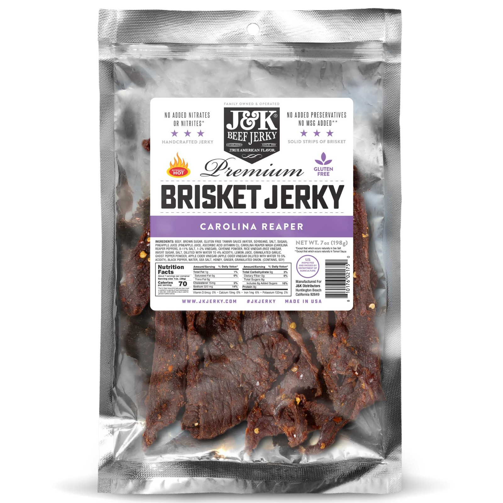 J&K Jerky Carolina Reaper Beef Brisket Jerky - Small Batch Made Slab Beef Jer...