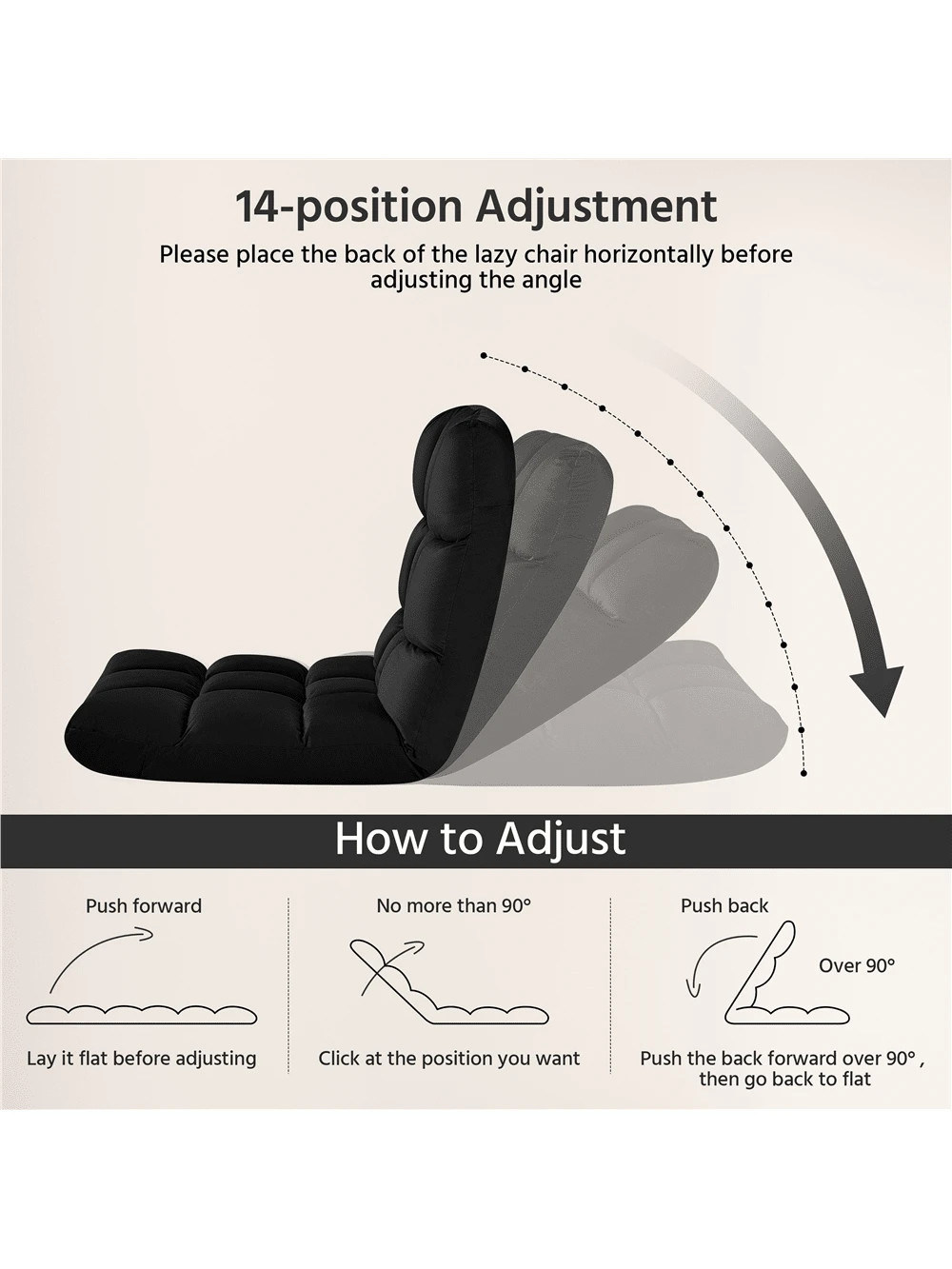 Portablefoldingvelvet floor sofa recliner14-position adjustable tilt angle,black