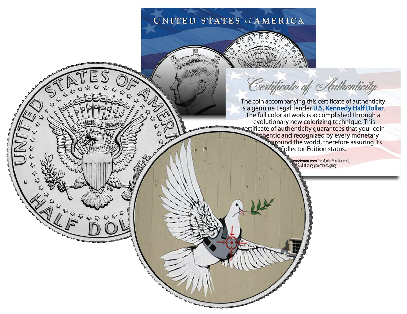 BANKSY * ARMORED DOVE OF PEACE * Colorized JFK Half Dollar U.S. Coin CROSSHAIRS
