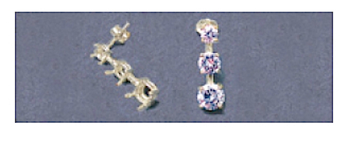 Two Round Solid Sterling Silver Three Stone Pre-Notched Earring Settings