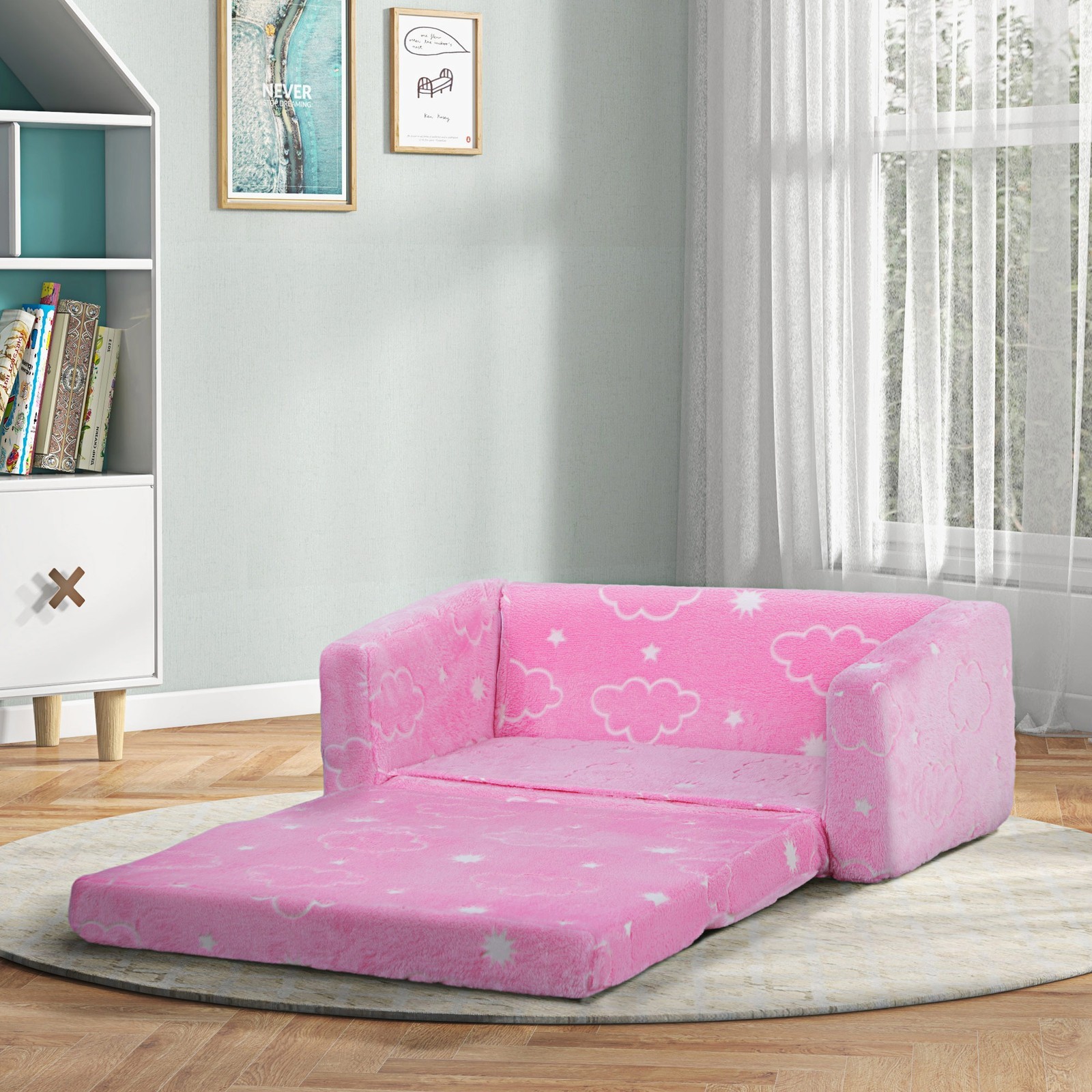 2 in 1 Kids Sofa Chair, Toddler Couch with Glow in The Dark Cosmic Patten