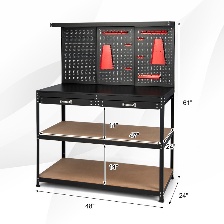 Workbench Multi Purpose Garage Wood Work Table Tool Organizer w/Drawers & Hooks