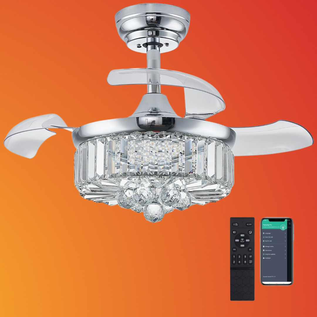 30" Chandelier Ceiling Fan Lights, Crystal, Reversible, Dimmable, Silver Chrome