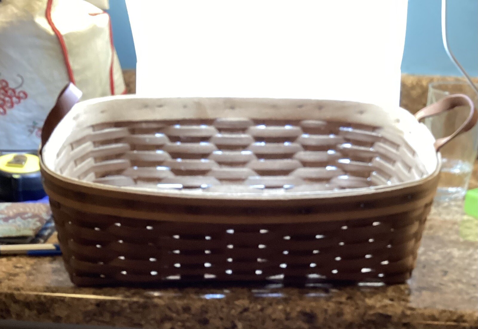 Hand Woven Rectangle Basket With Leather Handles, Signed, 2003
