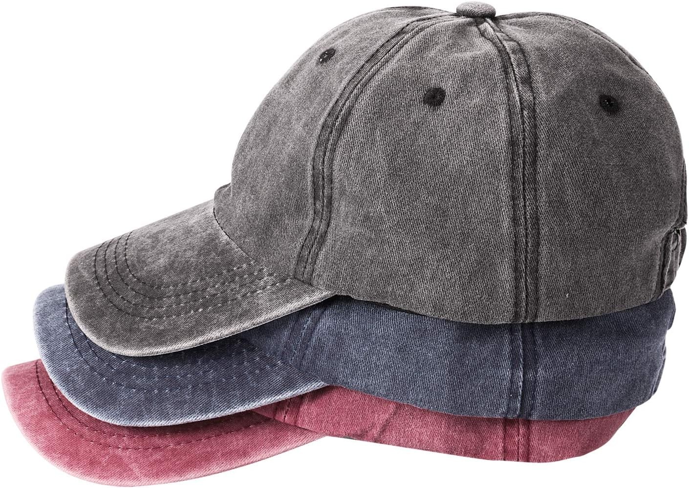 3 Pack Washed Plain Baseball Cap, Retro One Size, Black,blue+burgundy