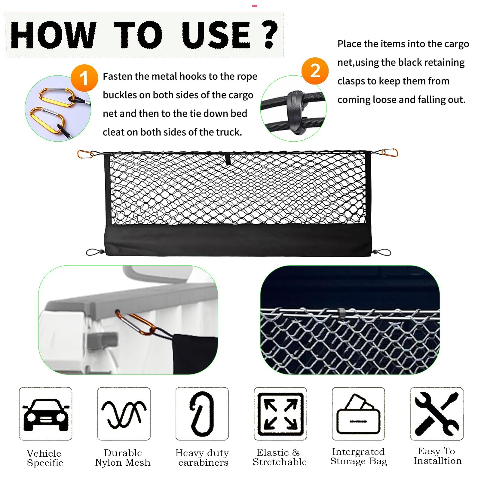 Envelope Style Cargo Net Compatible Silverado/Sierra 1500 (Black), Orange