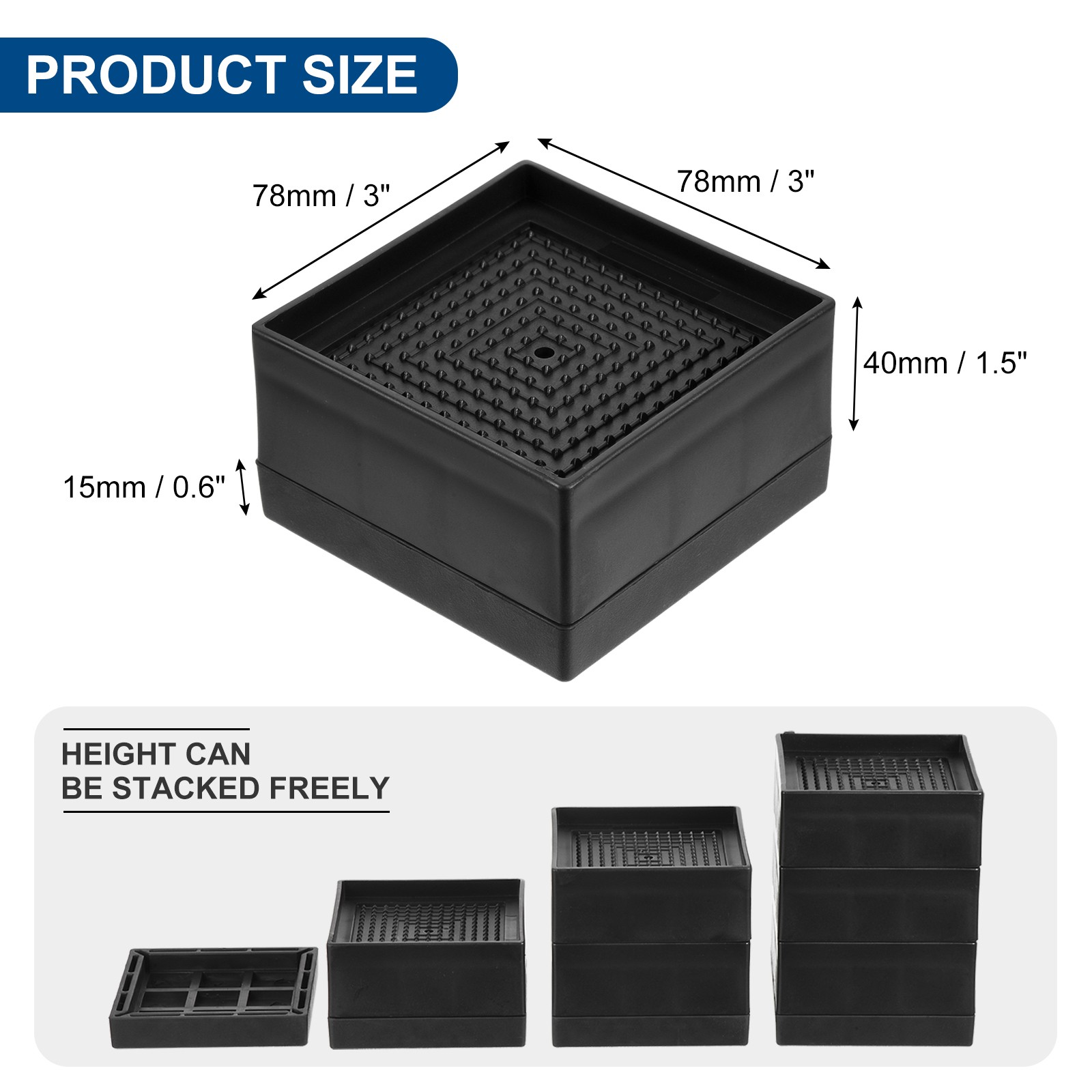 4Pack Bed Risers 1.5" Furniture Risers Square Adjustable Couch Riser Black