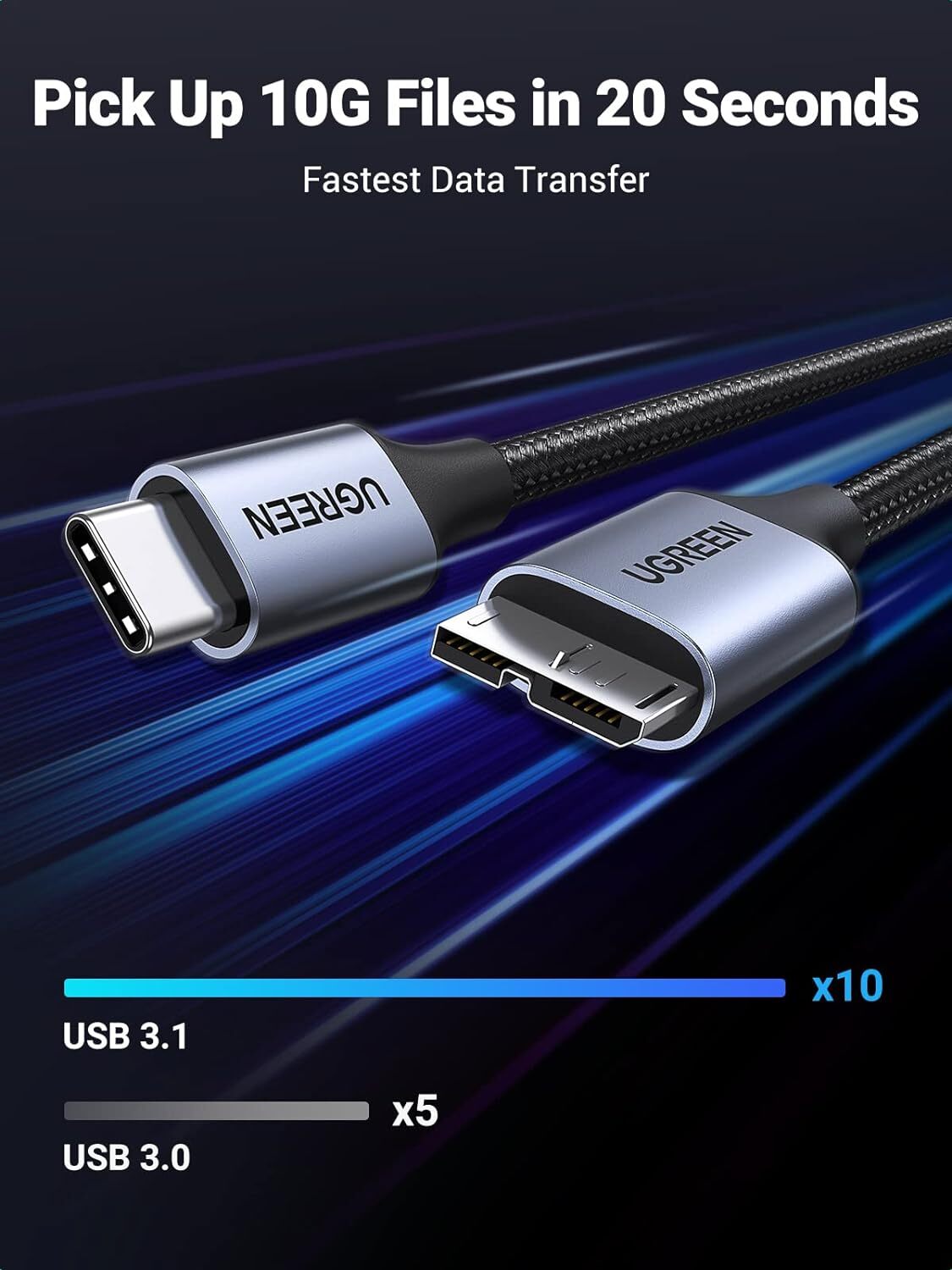 UGREEN USB 3.1 Micro B to USB C Hard Drive Cables, 10 Gbps Data Transfer