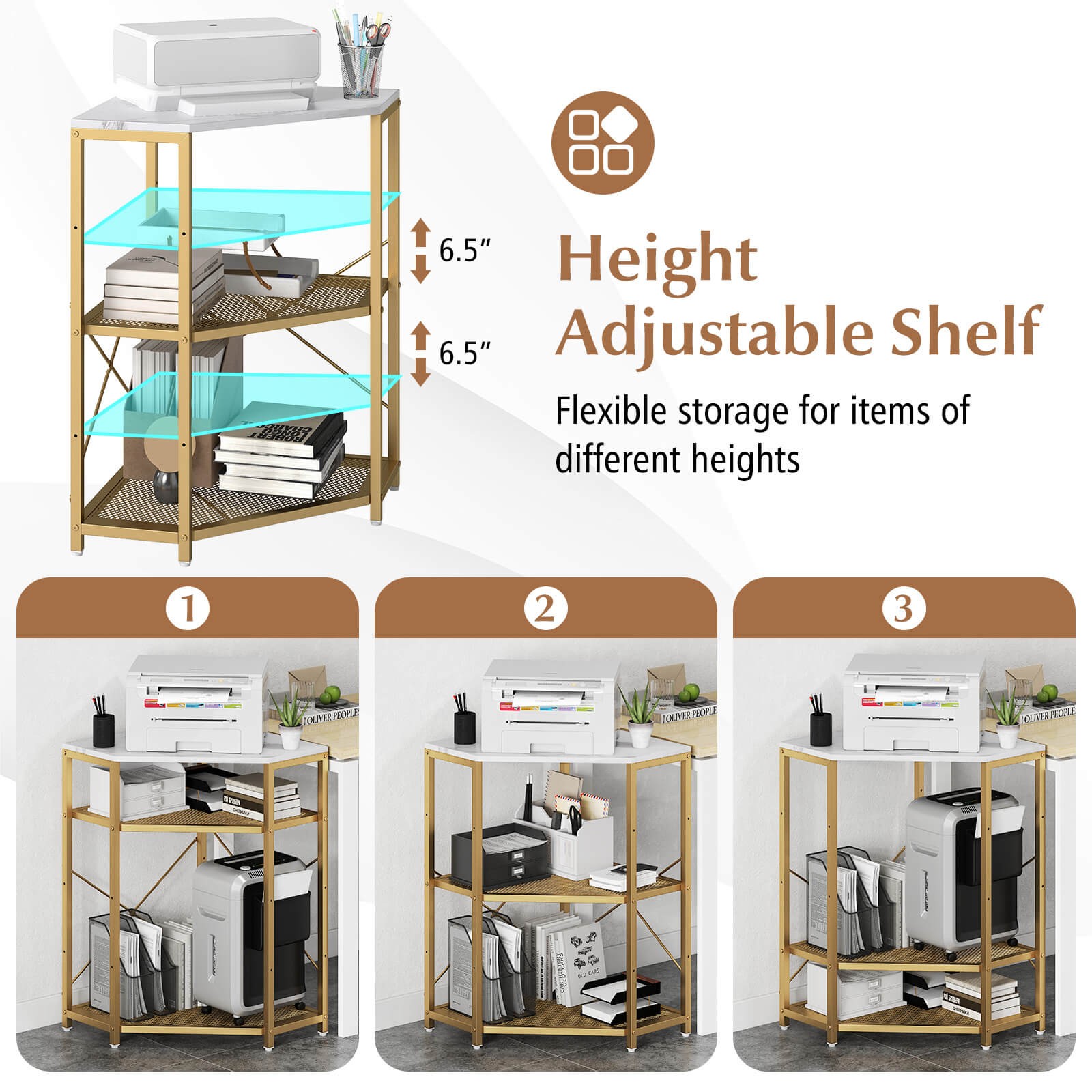 Corner Printer Stand w/ Charging Station Adjustable Metal Mesh Shelf