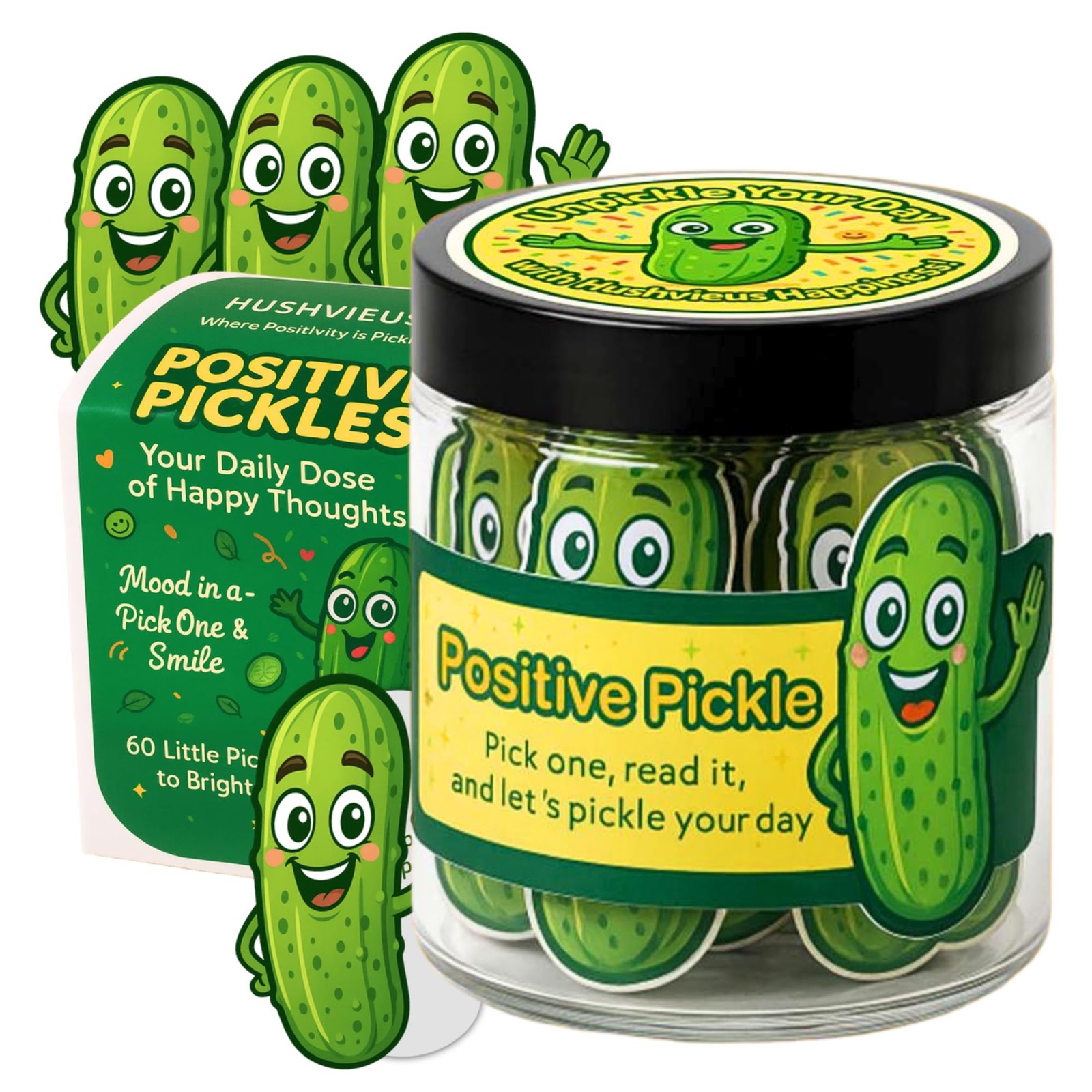 HUSHVIEUS 60 Positive Pickle Cards Jar, 2.7" x x 3.3",
