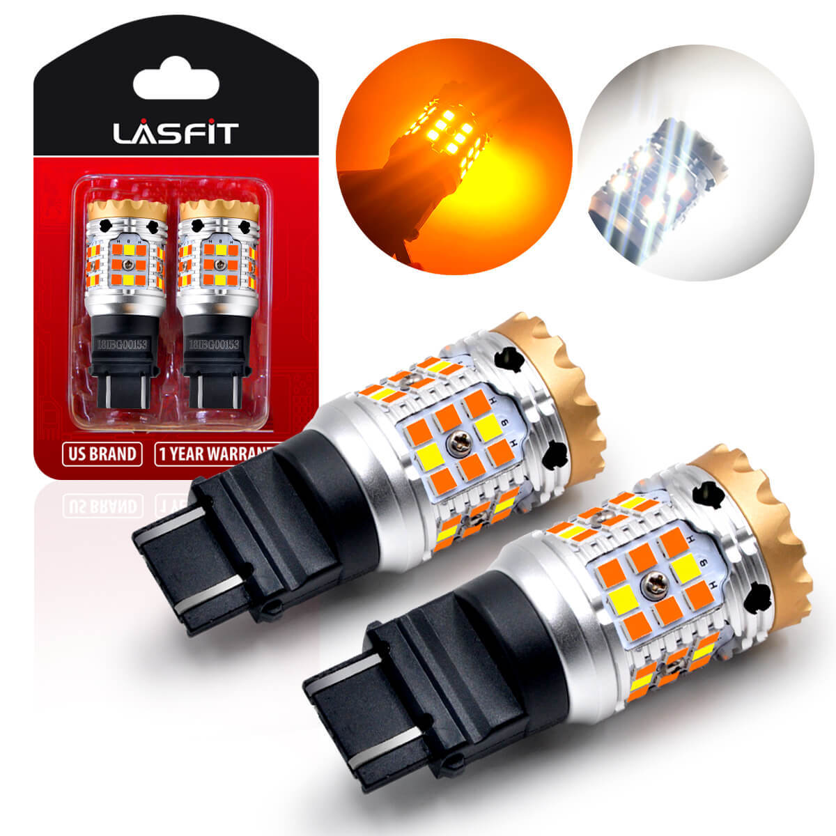 Lasfit 3157 LED Switchback Turn Signal Amber + Parking/DRL Light Bulbs Clear 2x