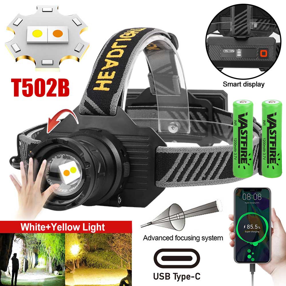 White & Yellow Laser LEP Headlamp Motion Sensor Zoom Head Torch USB Rechargeable
