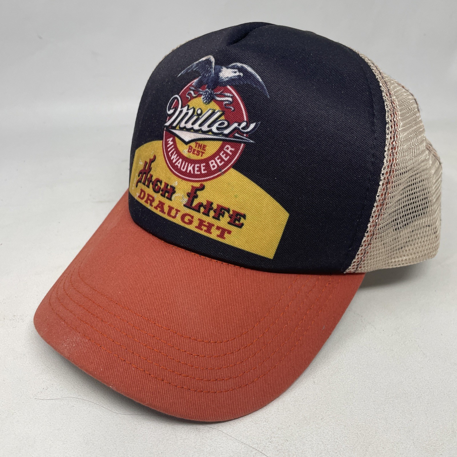 Miller High Life Vtg Label Mesh Back Snapback Hat Blue Orange Trucker Cap EUC