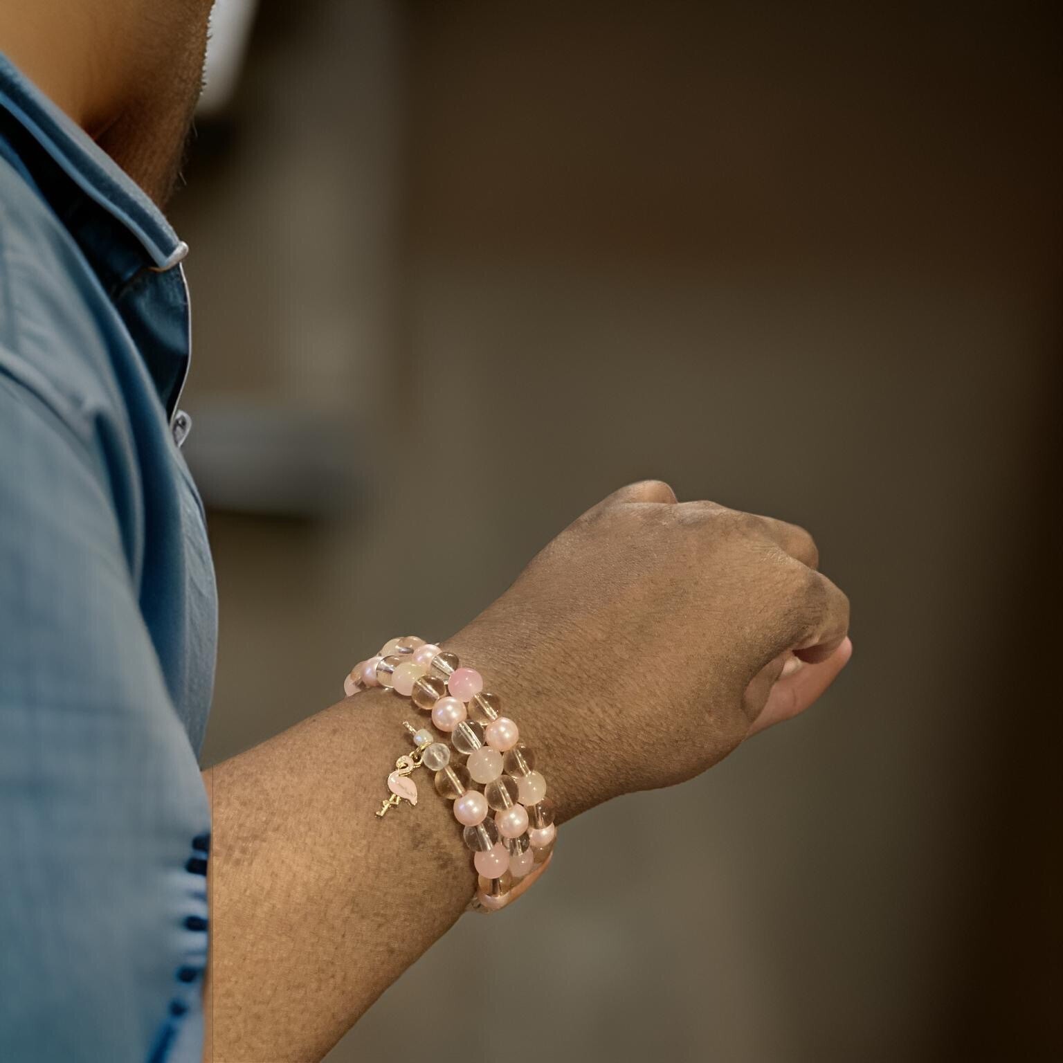 Pink and clear 8mm Glass, Clay Polymer Beads, handmade Wrap Bracelet
