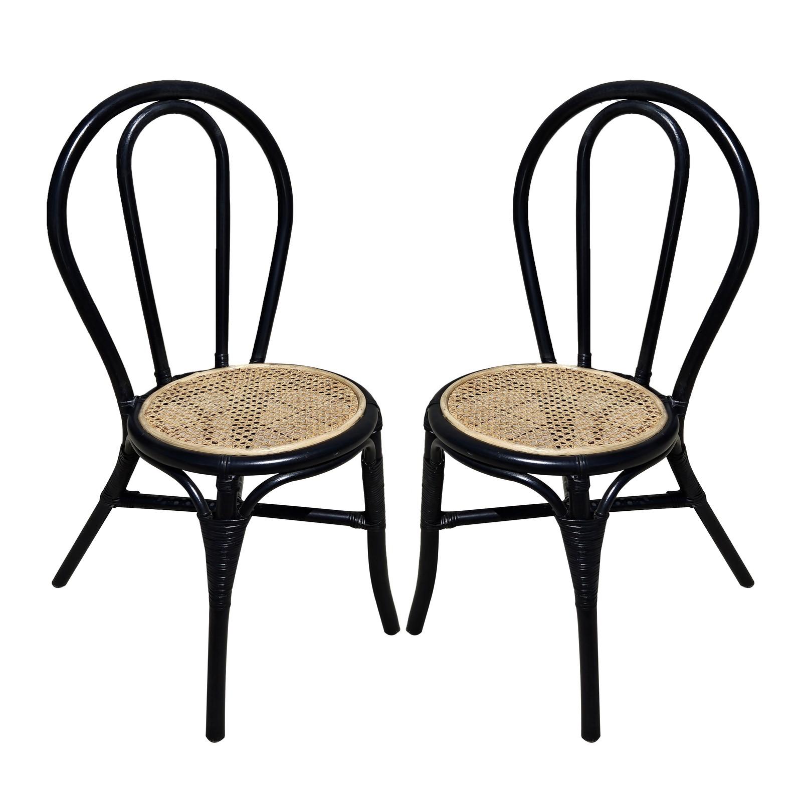 Set of 2 Black Rattan Dining Chairs, 35.5" High, Woven Back, Modern Kitchen