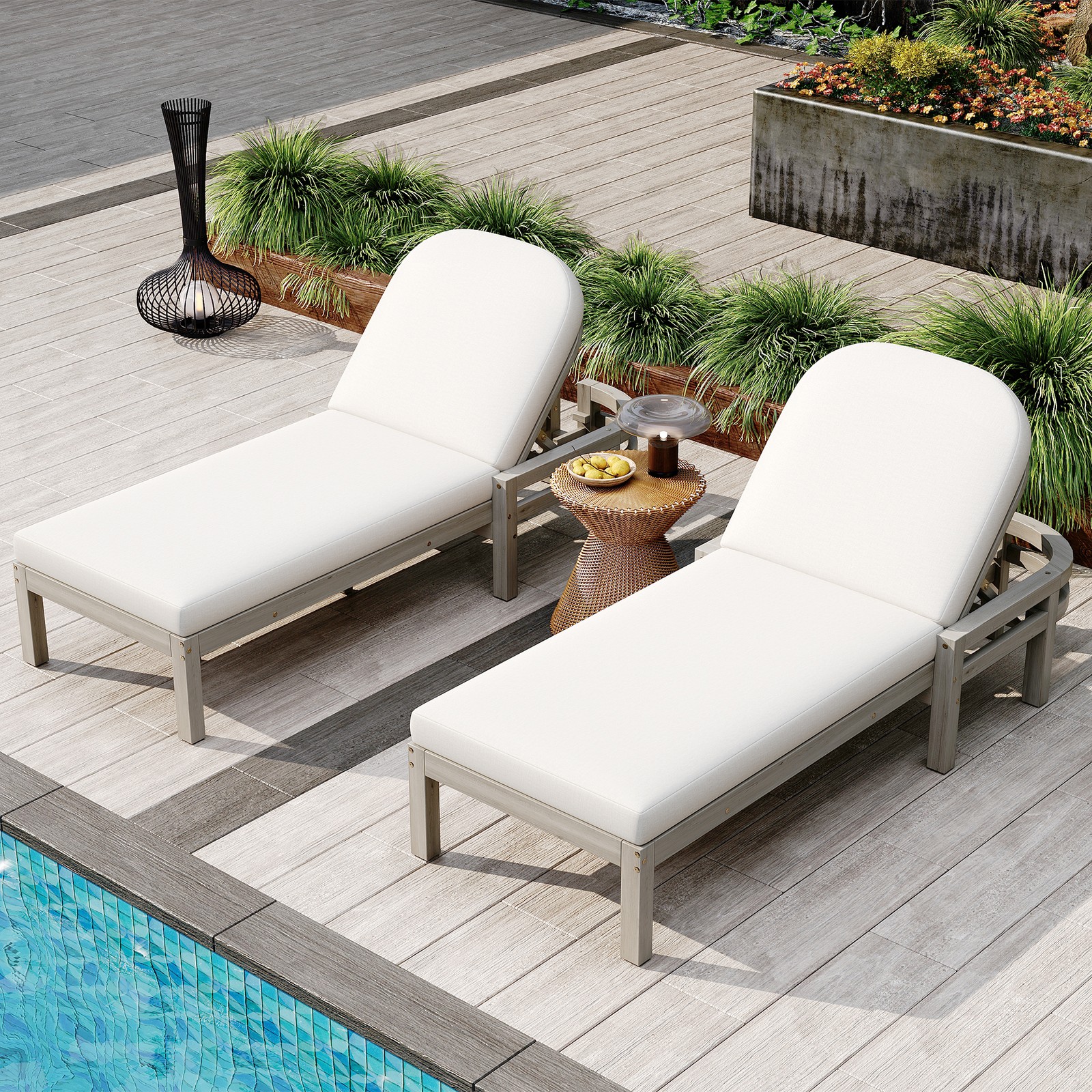 Patio Chaise Lounge Chair 2-Pack, Acacia Wood, Adjustable Backrest, Gray Cushion