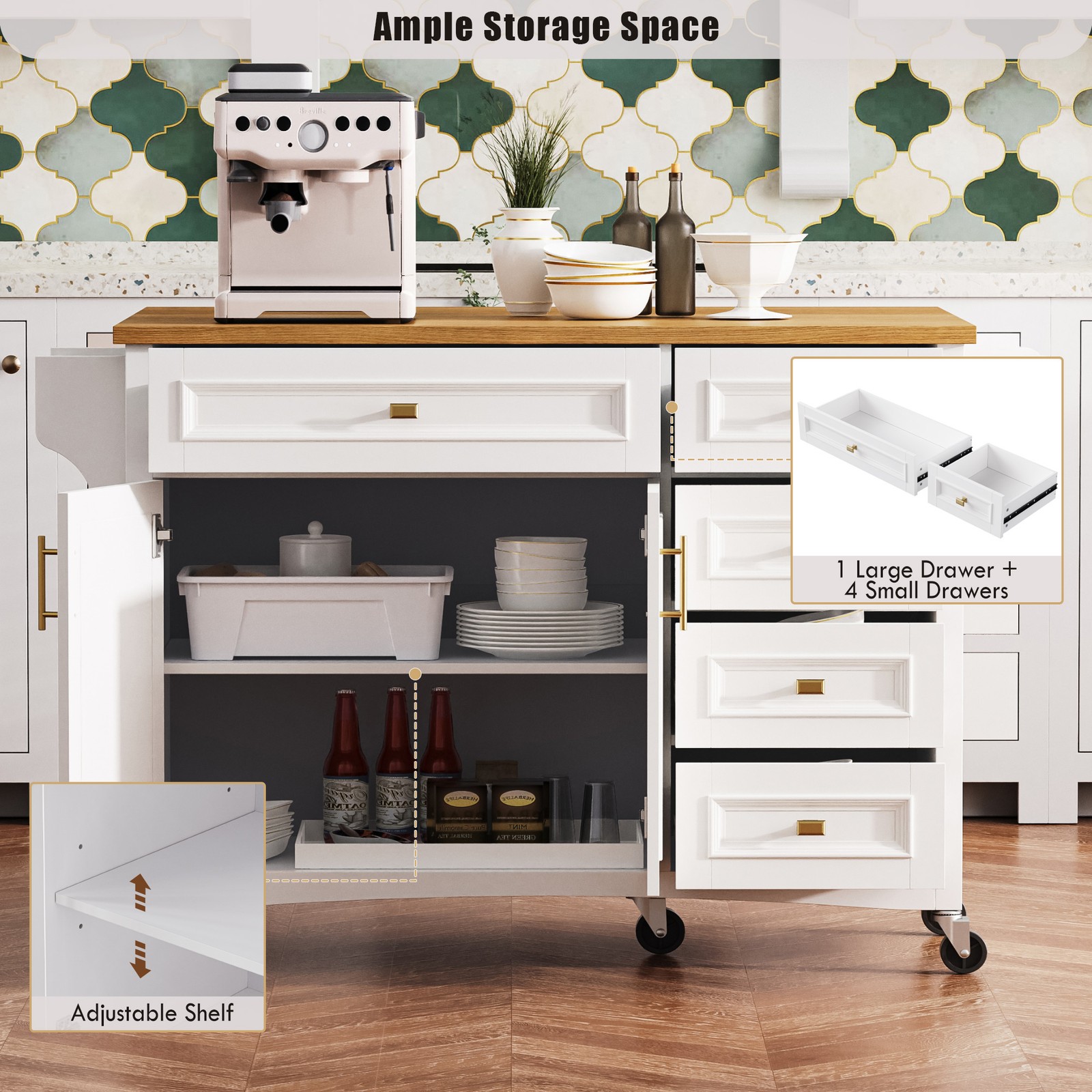 K&K 52'' Kitchen Island with Drop Leaf, Embossed Texture Kitchen Island on Whe