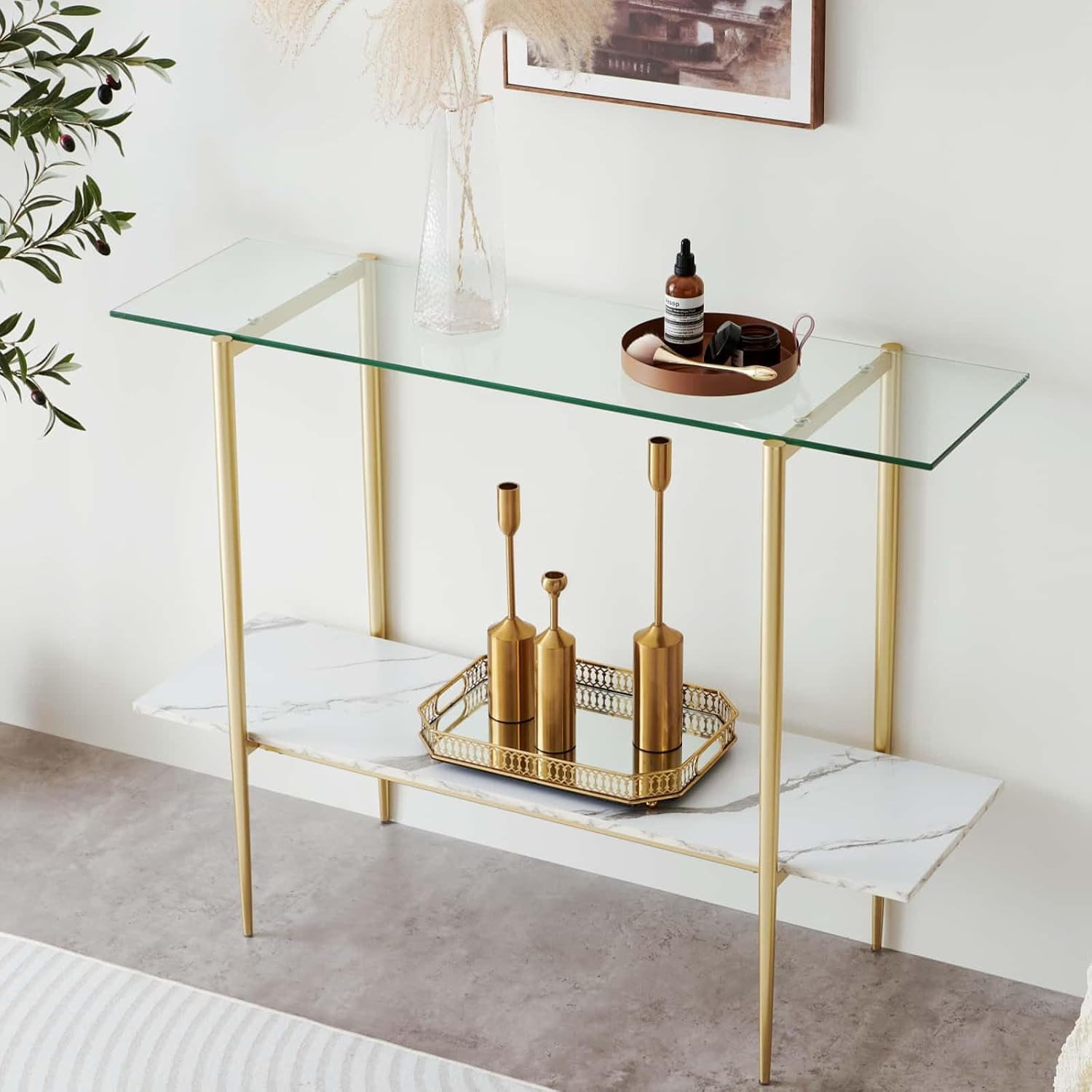 Glass Console Table for Living Room, Foyer & Entrance, 2-Tiers Mid-Century Moder