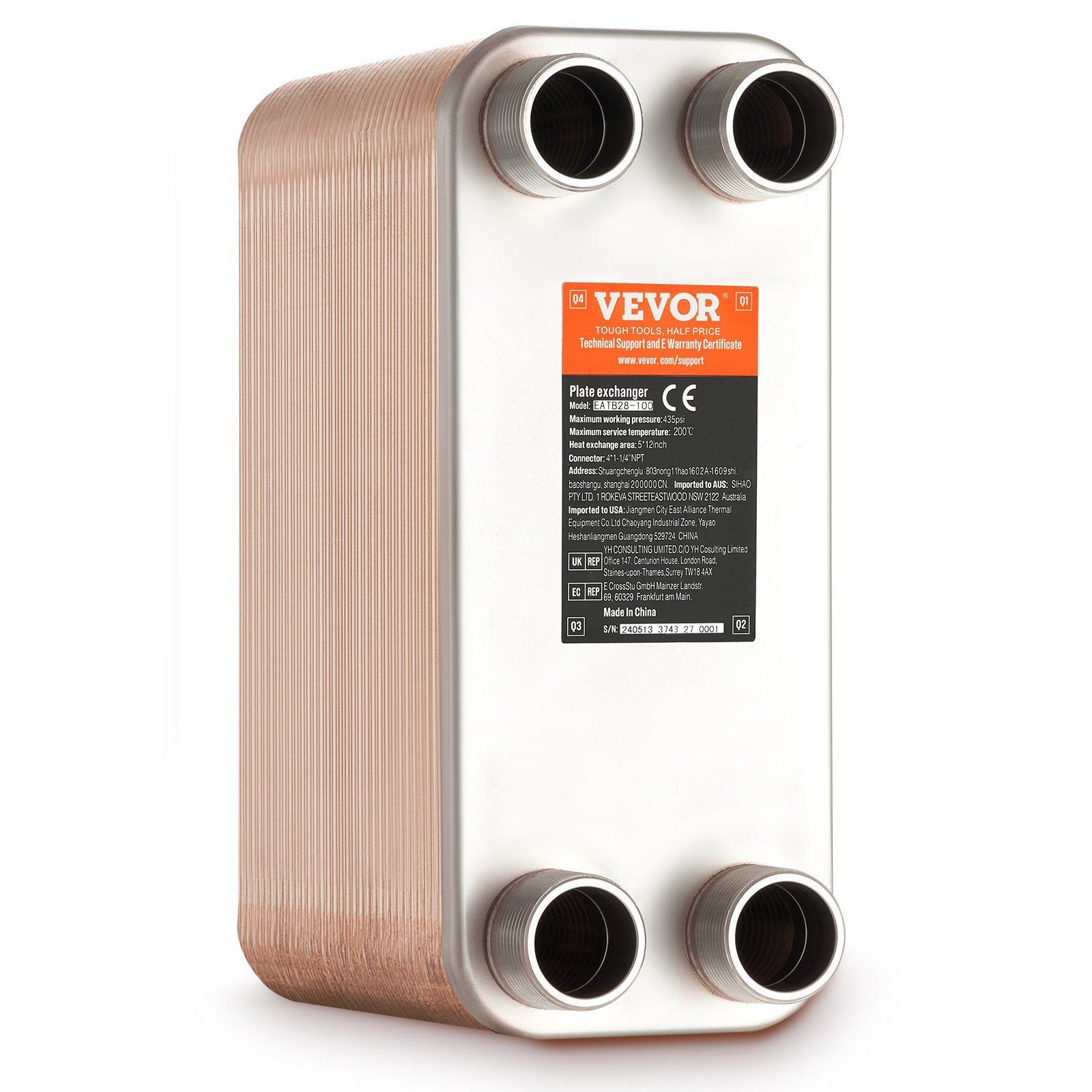 80-plate water heat exchanger 5x12in copper-brazed 316L stainless steel