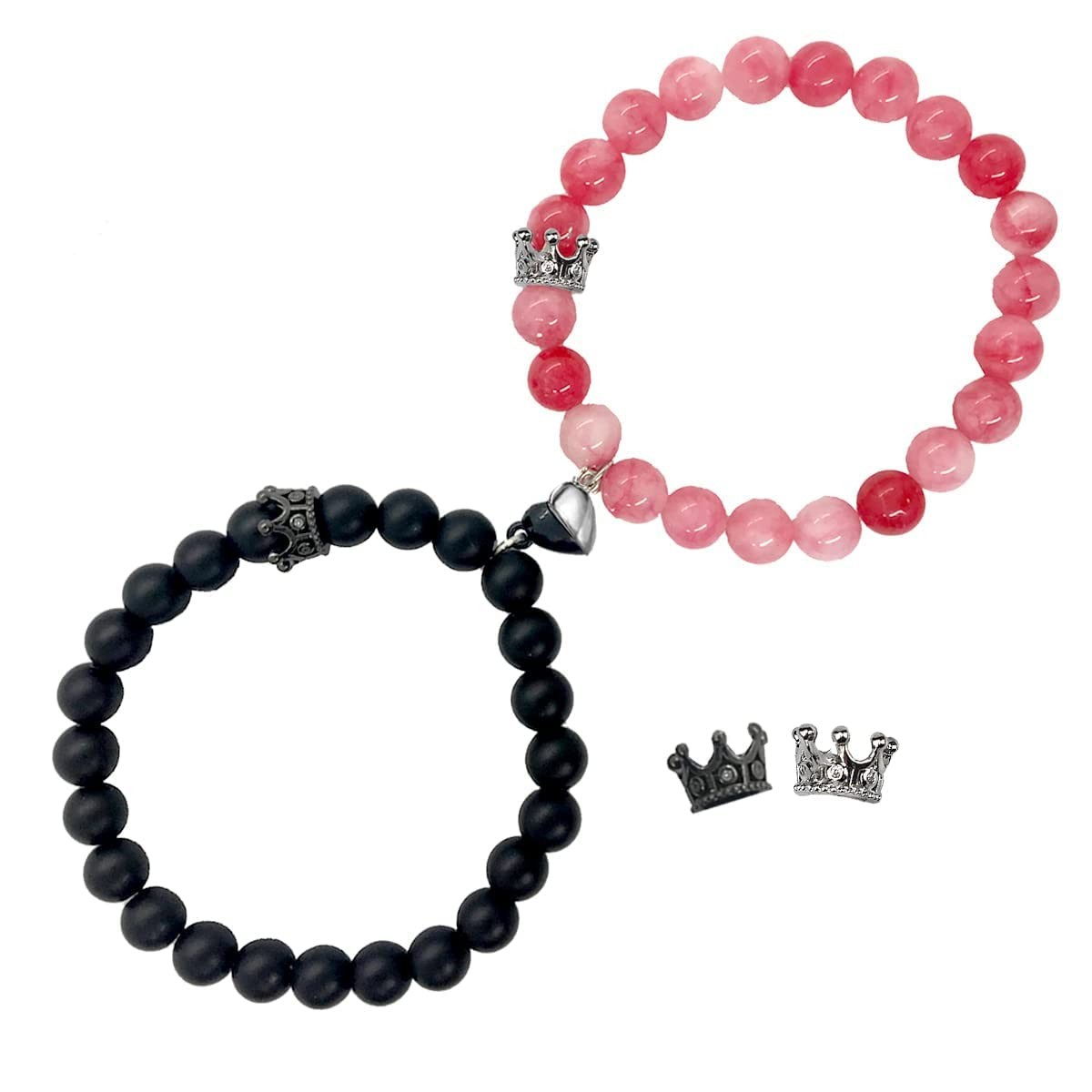 Ymeeaa Magnetic Bracelets Couples King&Queen Crown His Her 7inch, Black&Pink