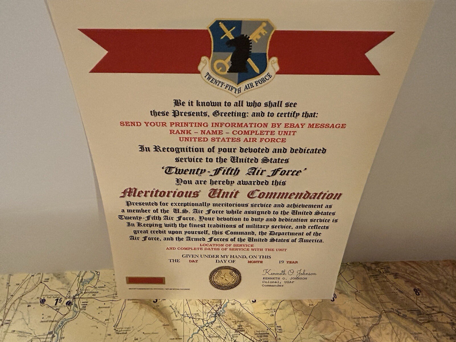 U.S. AIR FORCE / 25TH AIR FORCE - MERITORIOUS UNIT COMMENDATION CERTIFICATE