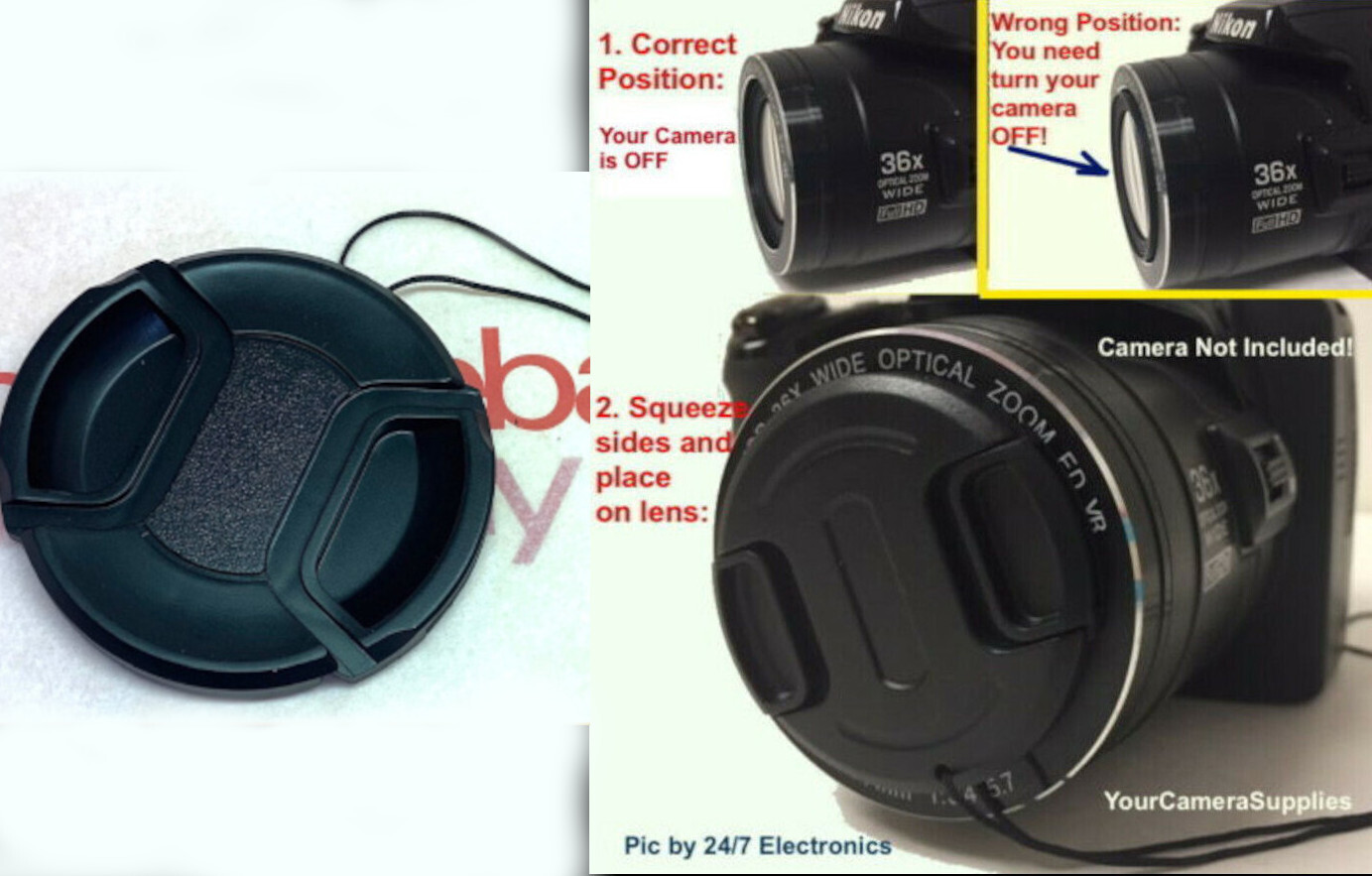 P510 SNAP-ON LENS CAP fits CAMERA NIKON COOLPIX P510 P-510 +HOLDER Attached