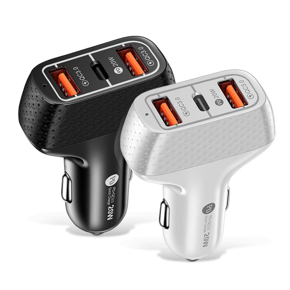 3 Port Car Charger USB-C 20W PD + Dual QC 3.0 Fast for iPhone Samsung