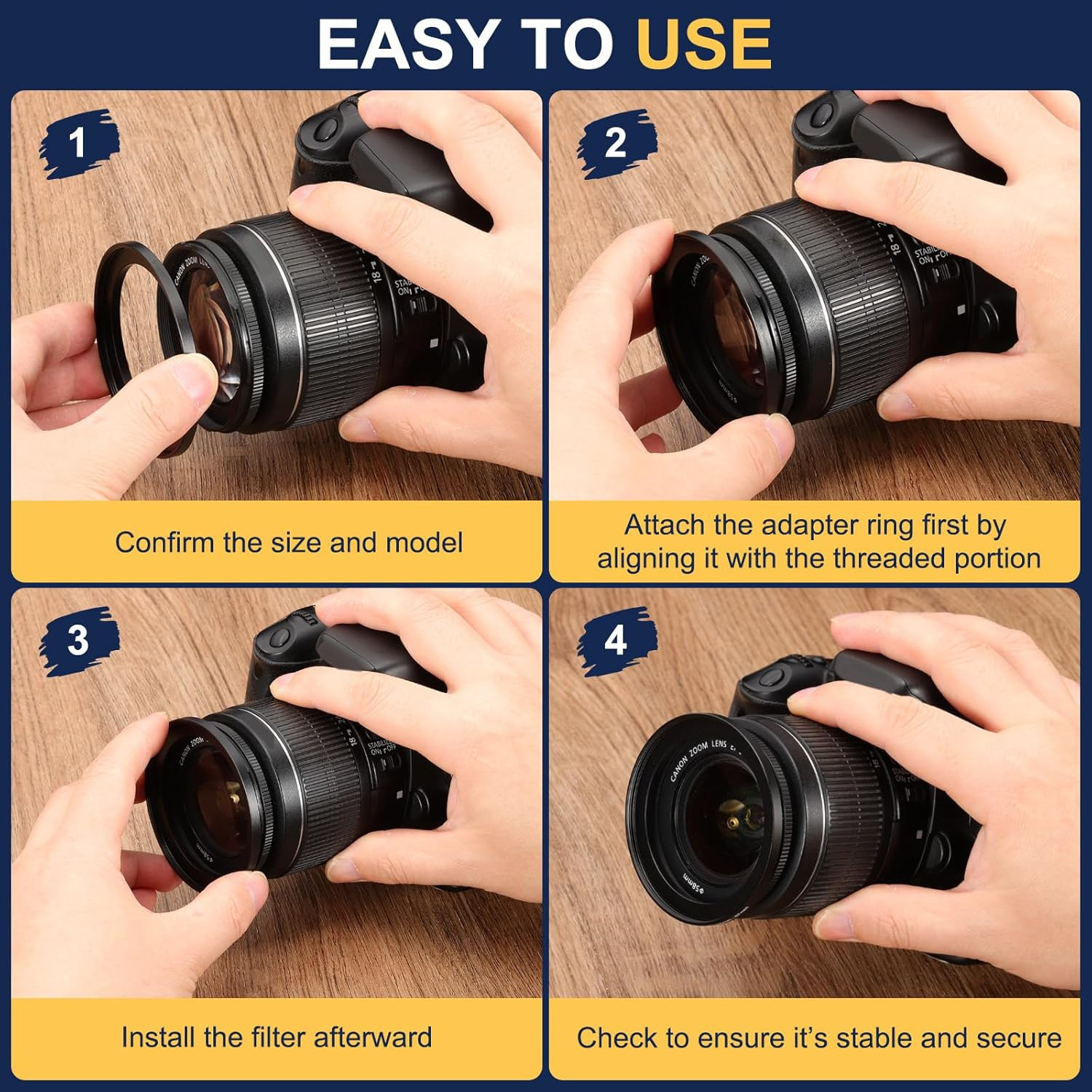 Step down Ring Adapter 58Mm to 49Mm, 2 Pcs Filter Step-Down Rings Camera Lens Fi
